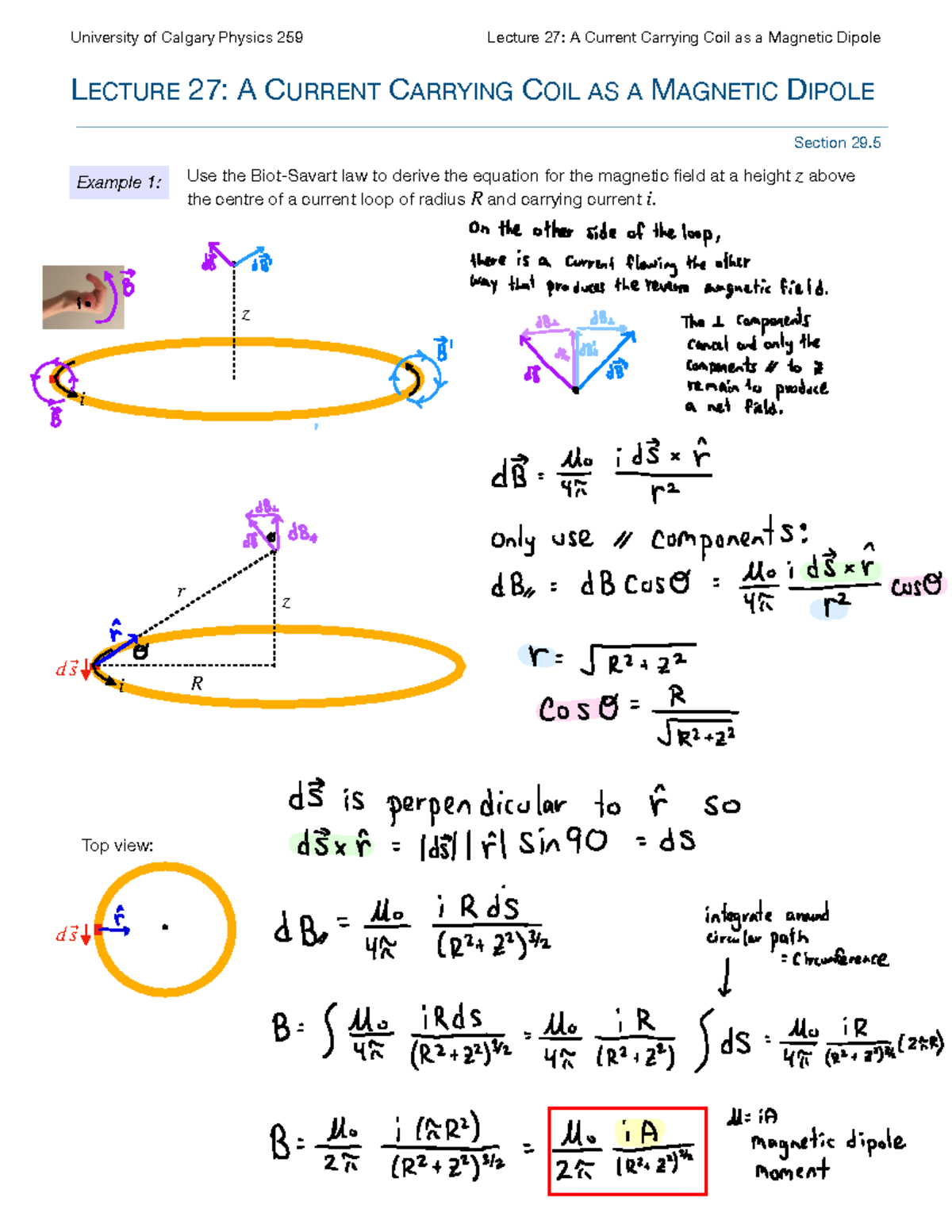 Physics 259 Lecture 27: Current Carrying Coil & Magnetic Dipole Notes ...