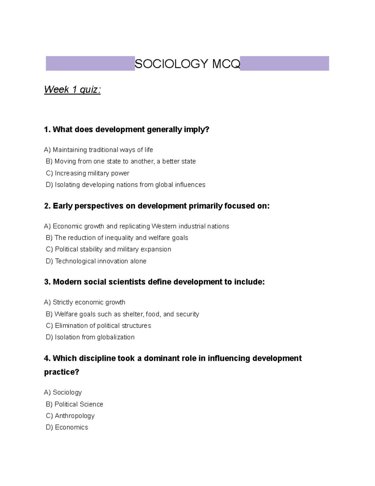 Sociology MCQ: Week 1-4 Quiz Questions and Answers - Studocu