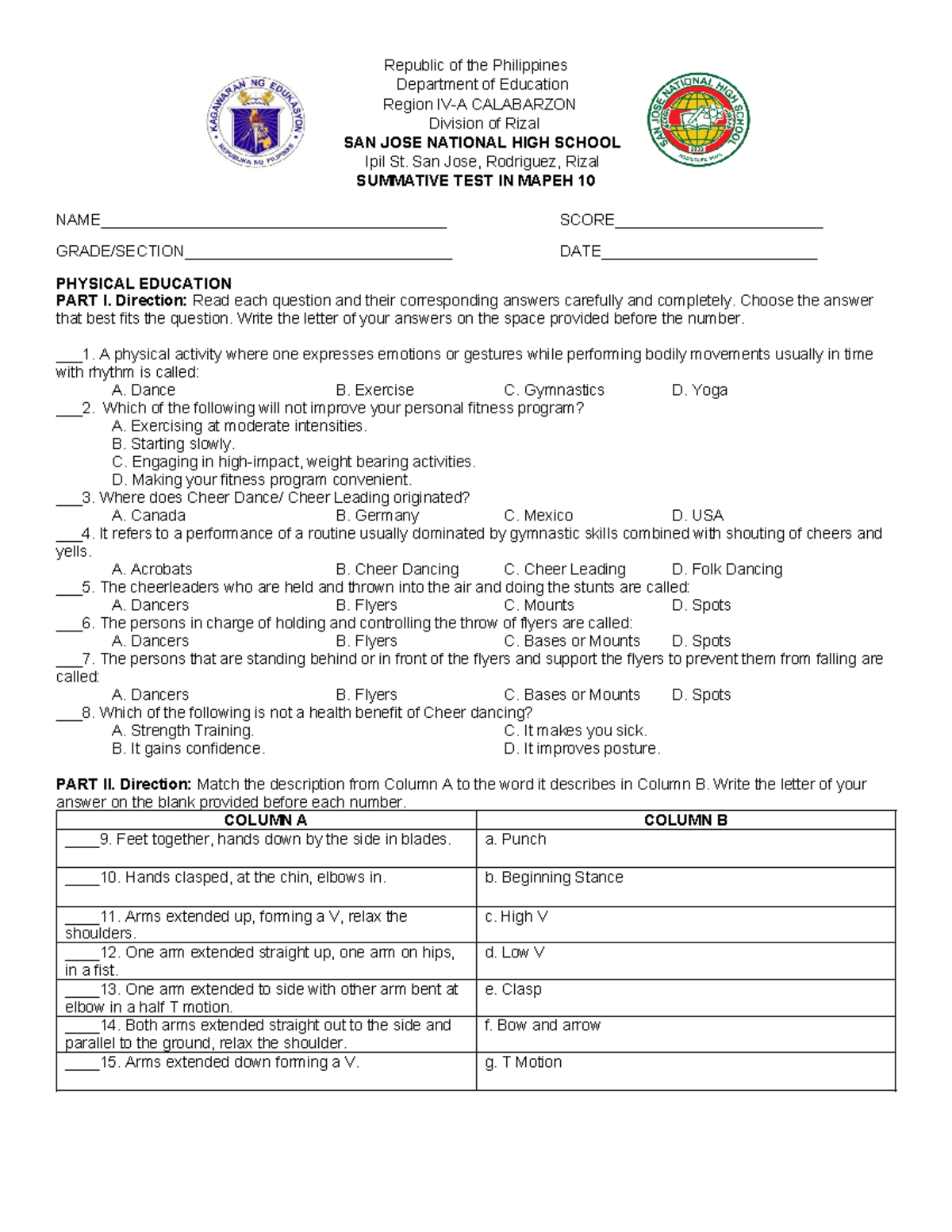 Summative Test in PE 10 - MAPEH 4th Quarter Examination - Studocu
