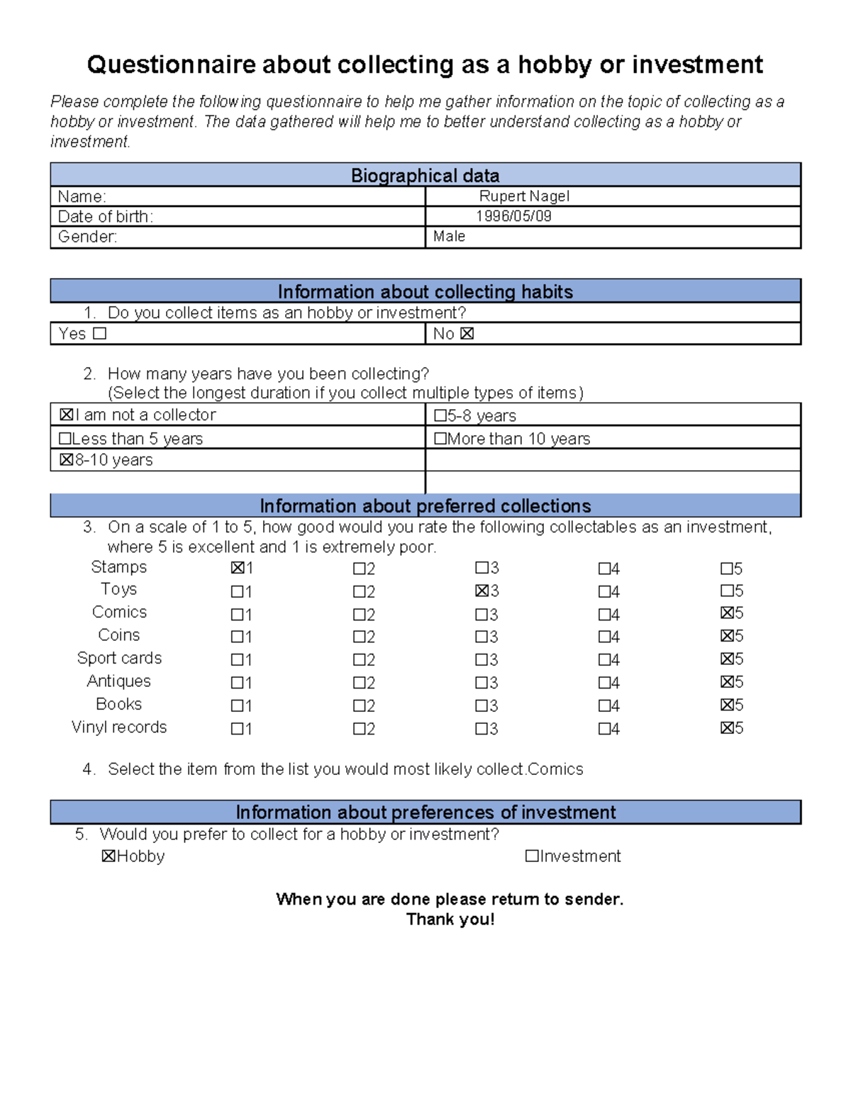 Questionnaire on Collecting as a Hobby or Investment - Studocu