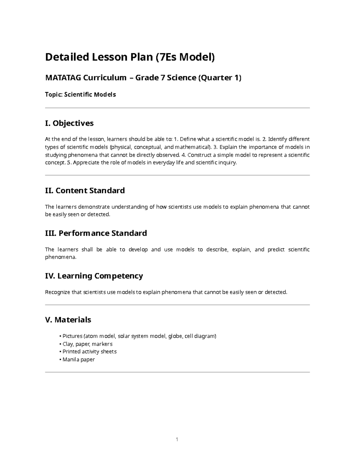7Es Lesson Plan: Scientific Models for Grade 7 MATATAG Curriculum - Studocu