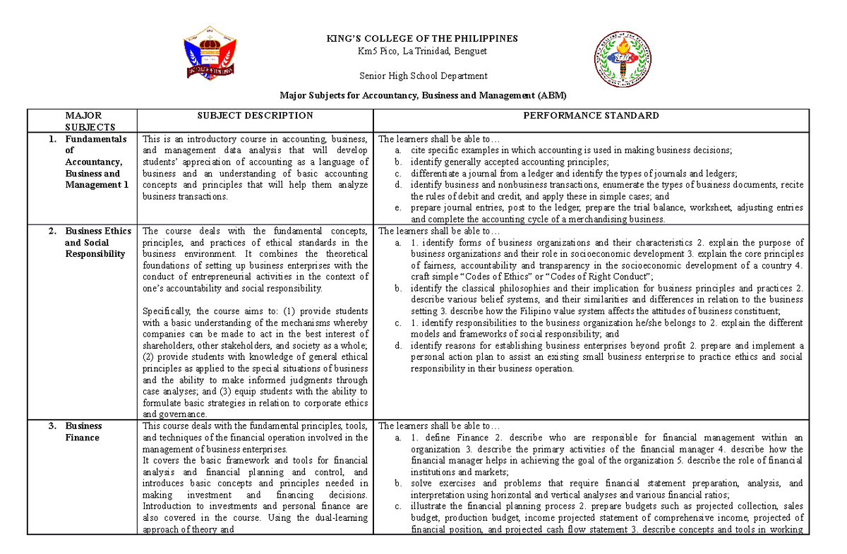 ABM major subjects - KING’S COLLEGE OF THE PHILIPPINES Km5 Pico, La ...