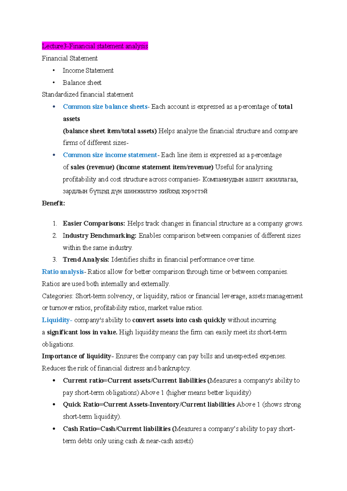 Financial Management Notes: Analyzing Financial Statements and Ratios ...