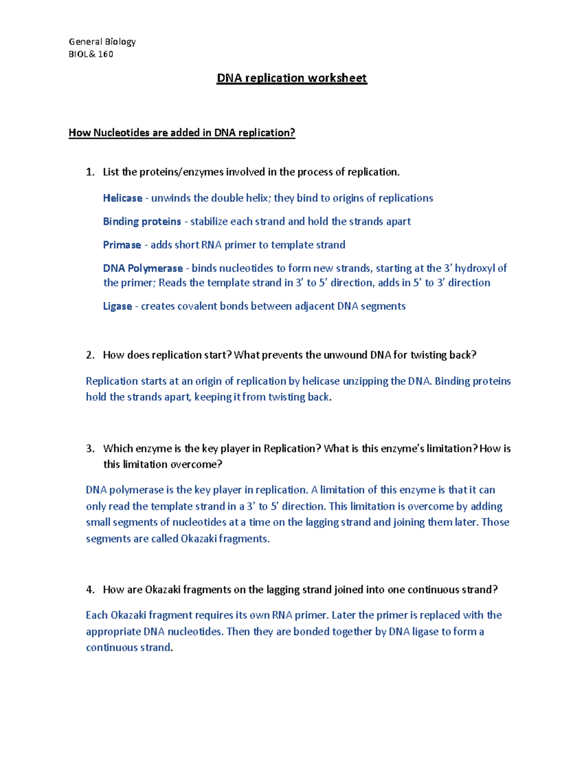 BIOL& 160 DNA Replication Worksheet and Key Concepts Overview - Studocu