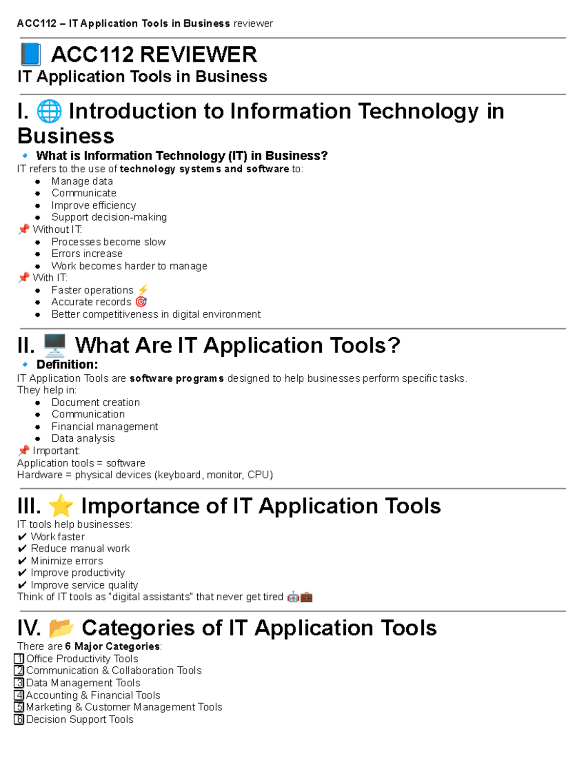 ACC112 – Week 2 Reviewer: IT Application Tools in Business - Studocu