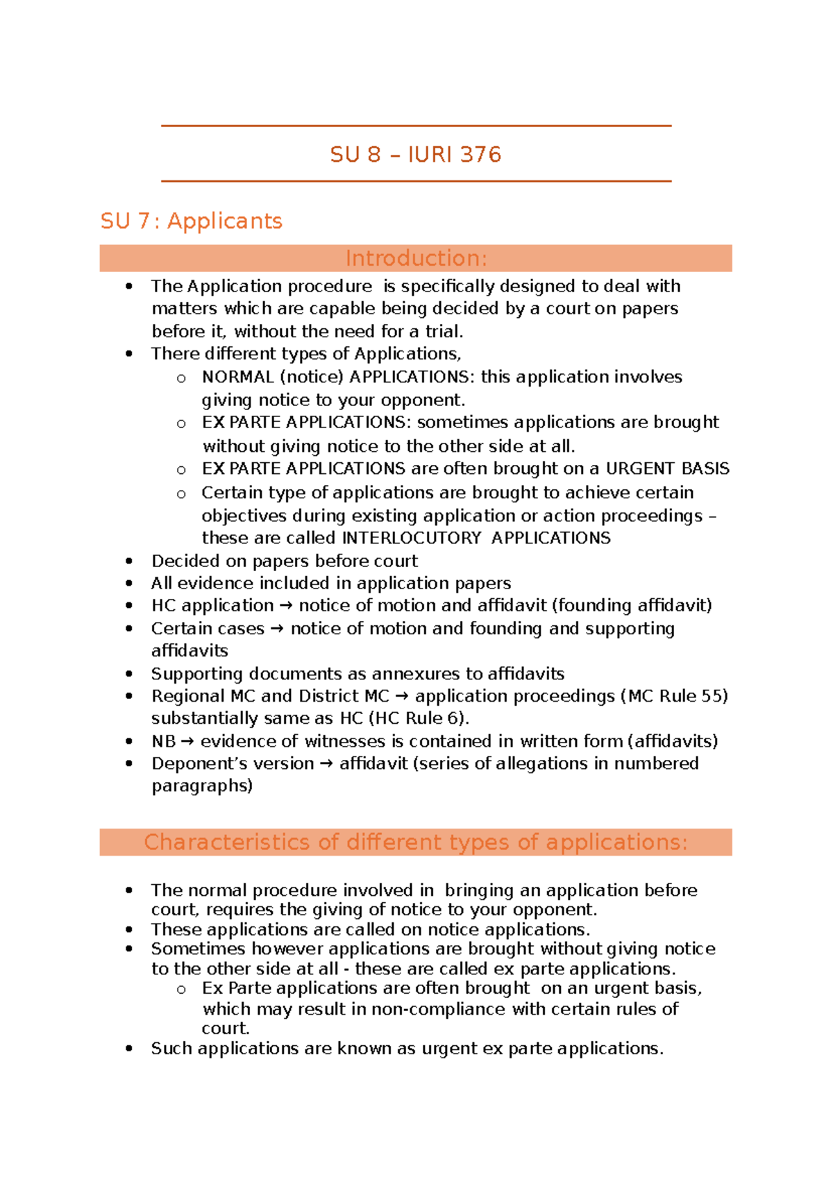 SU 8 - IURI 376 - Summary of Civil Procedure Application Types - Studocu