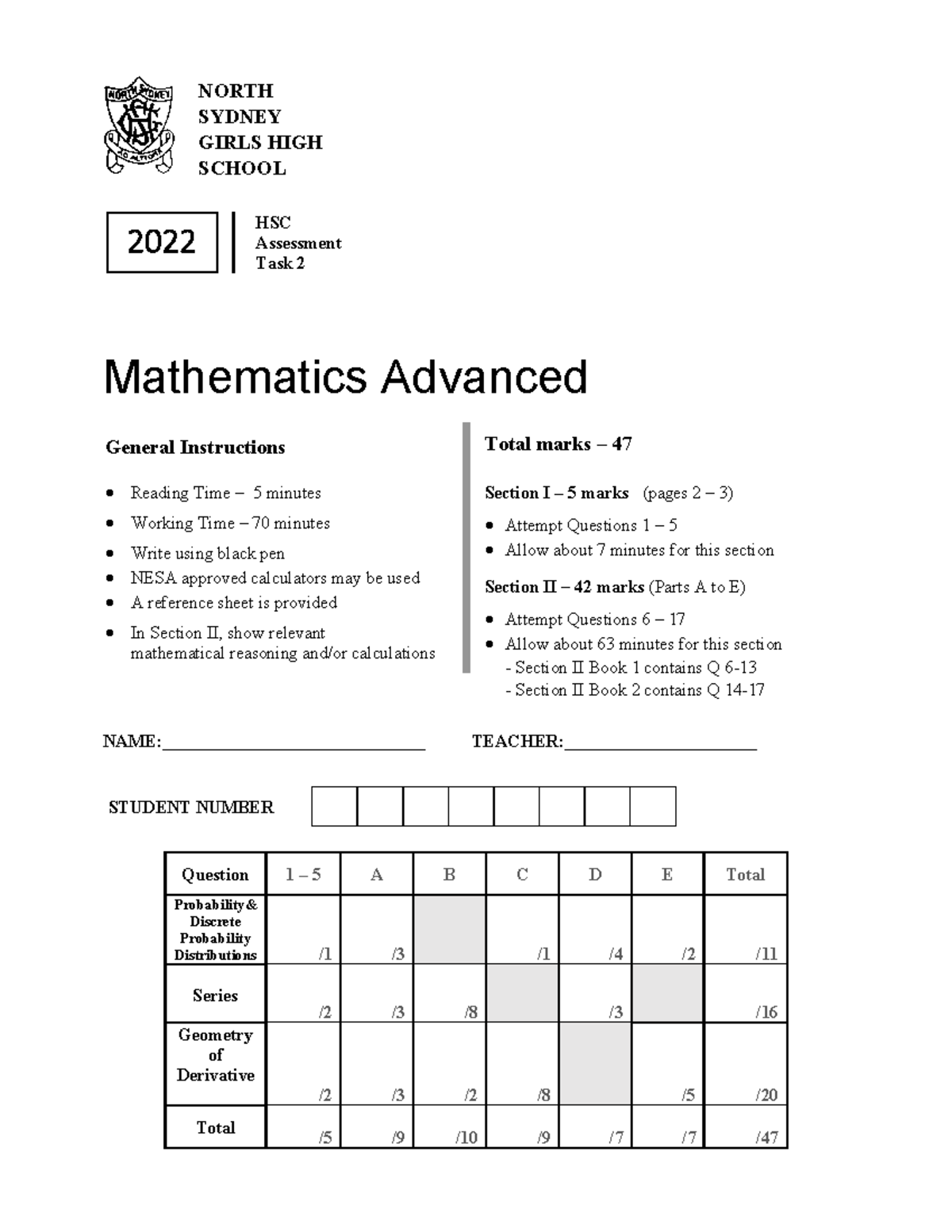 Nsghs HSC 2022 Adv Task 2 - Mathematics Advanced NAME ...
