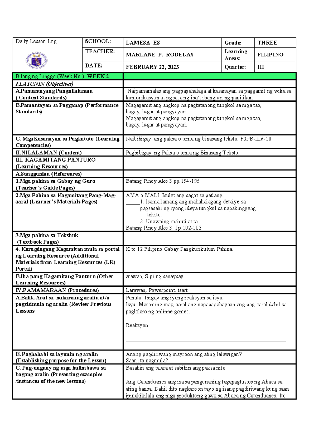Filipino DLL Q3 WK2 D3 - Flipino Dll - Daily Lesson Log SCHOOL: LAMESA ...