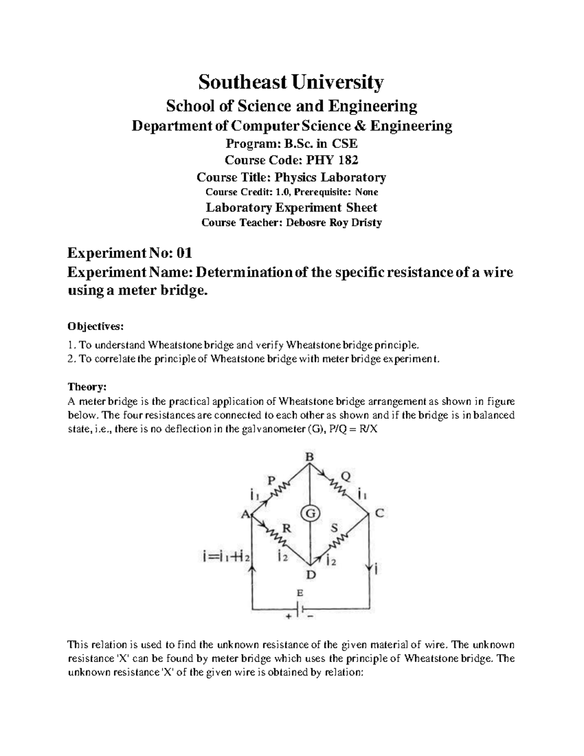 Lab Manual for PHY 182: Physics Experiments in CSE Program - Studocu