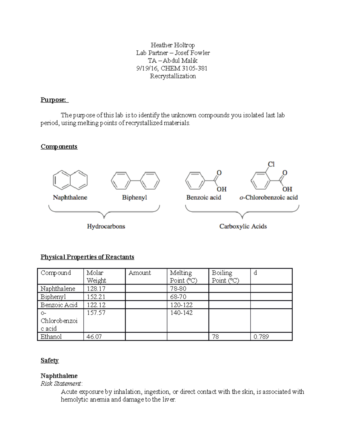 Lab #3 - Recrystallization and Melting Point Analysis in CHEM - Studocu