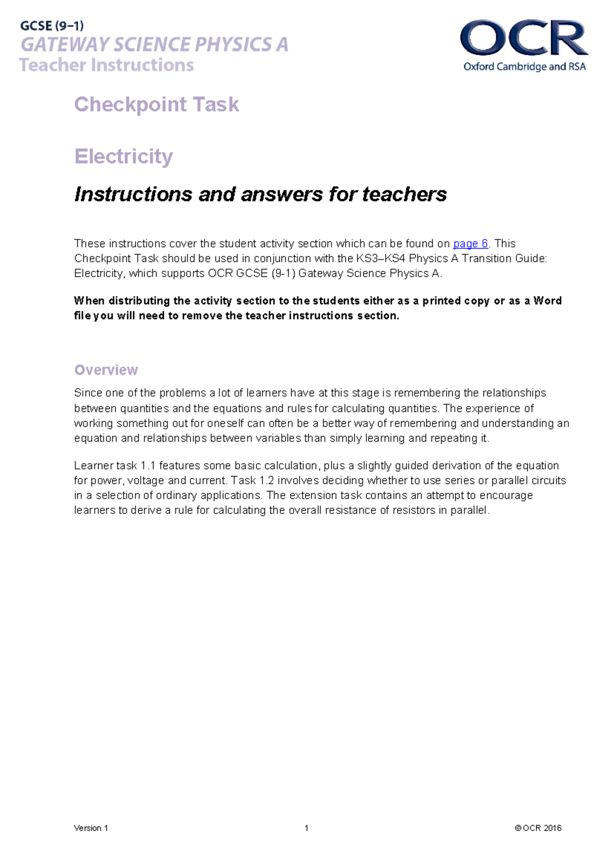 Electricity Checkpoint Task Instructions & Answers (324530) - Studocu