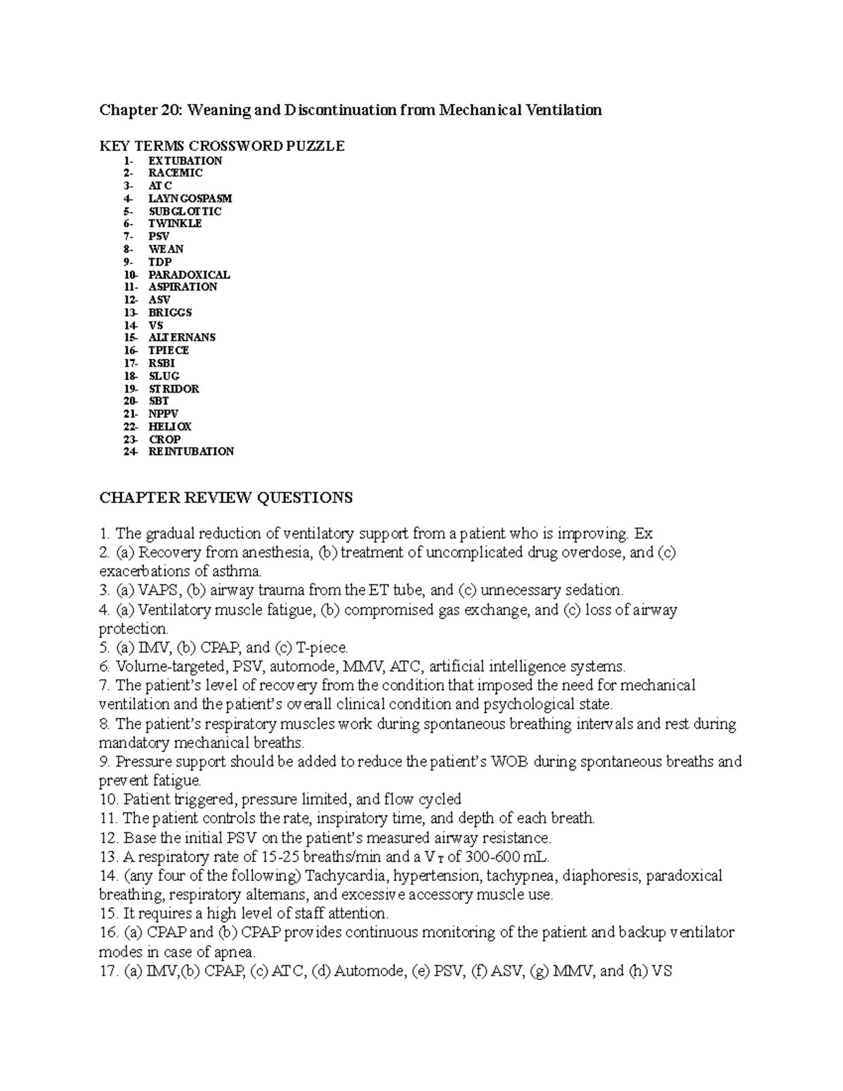 Chapter 20: Weaning from Mechanical Ventilation - Key Terms & Q&A