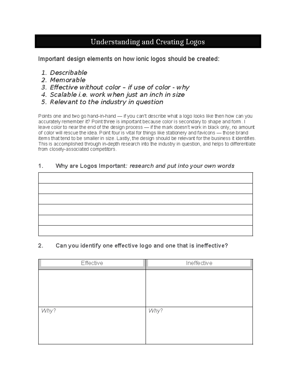 Logo Creation Worksheet - Assignment 1: Key Design Elements - Studocu