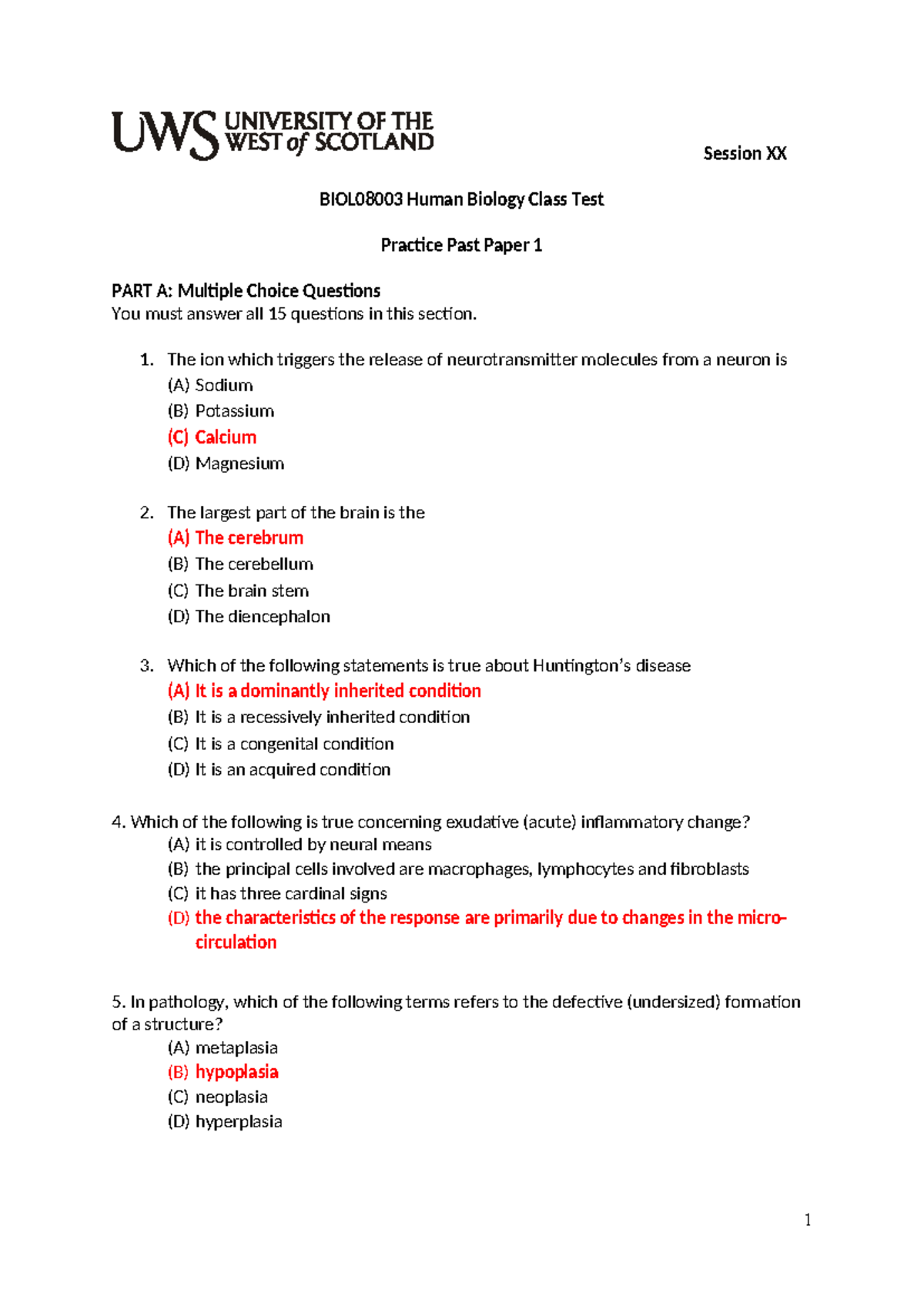 Human bio past paper answers paper 1 mcq answers - Session XX BIOL08003 ...