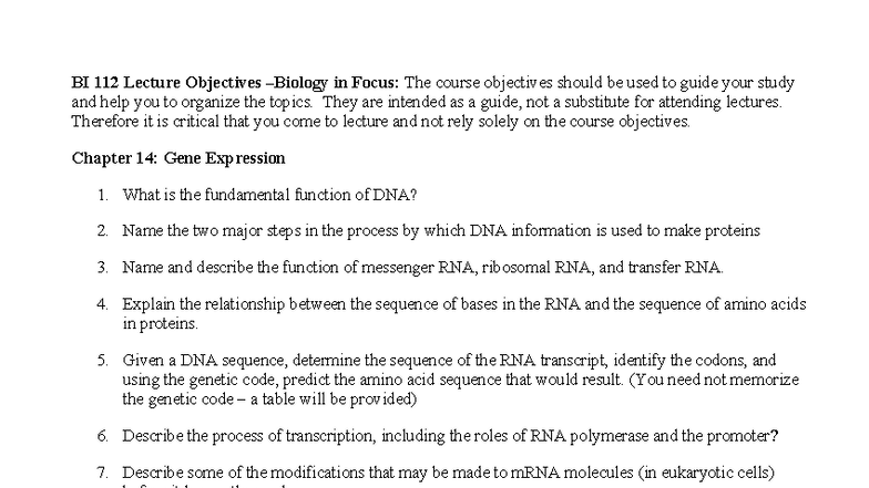 BI 112 Lecture Objectives: Gene Expression Overview and Key Concepts ...