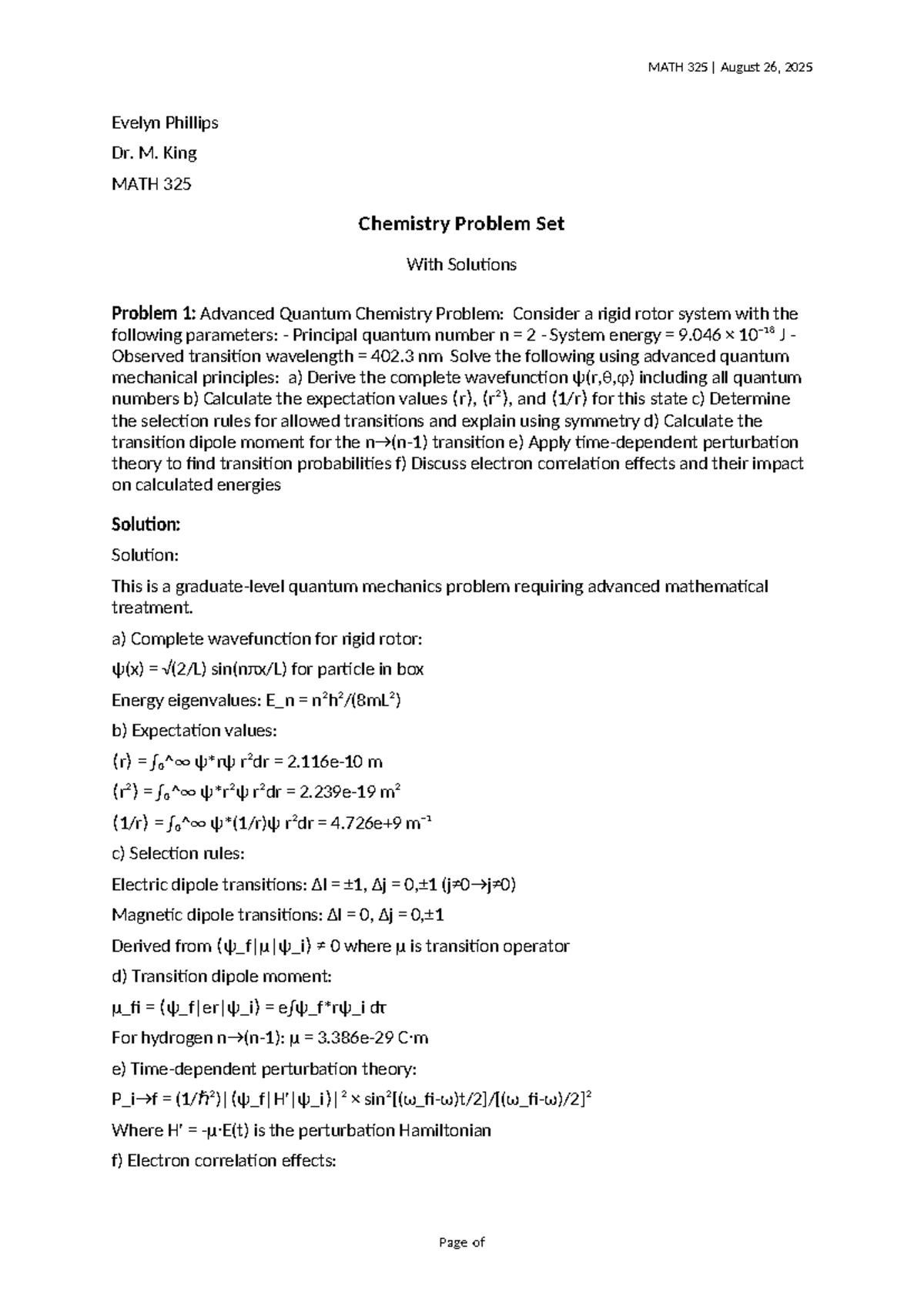 MATH 325 Advanced Quantum Chemistry Problem Set Solutions - Studocu