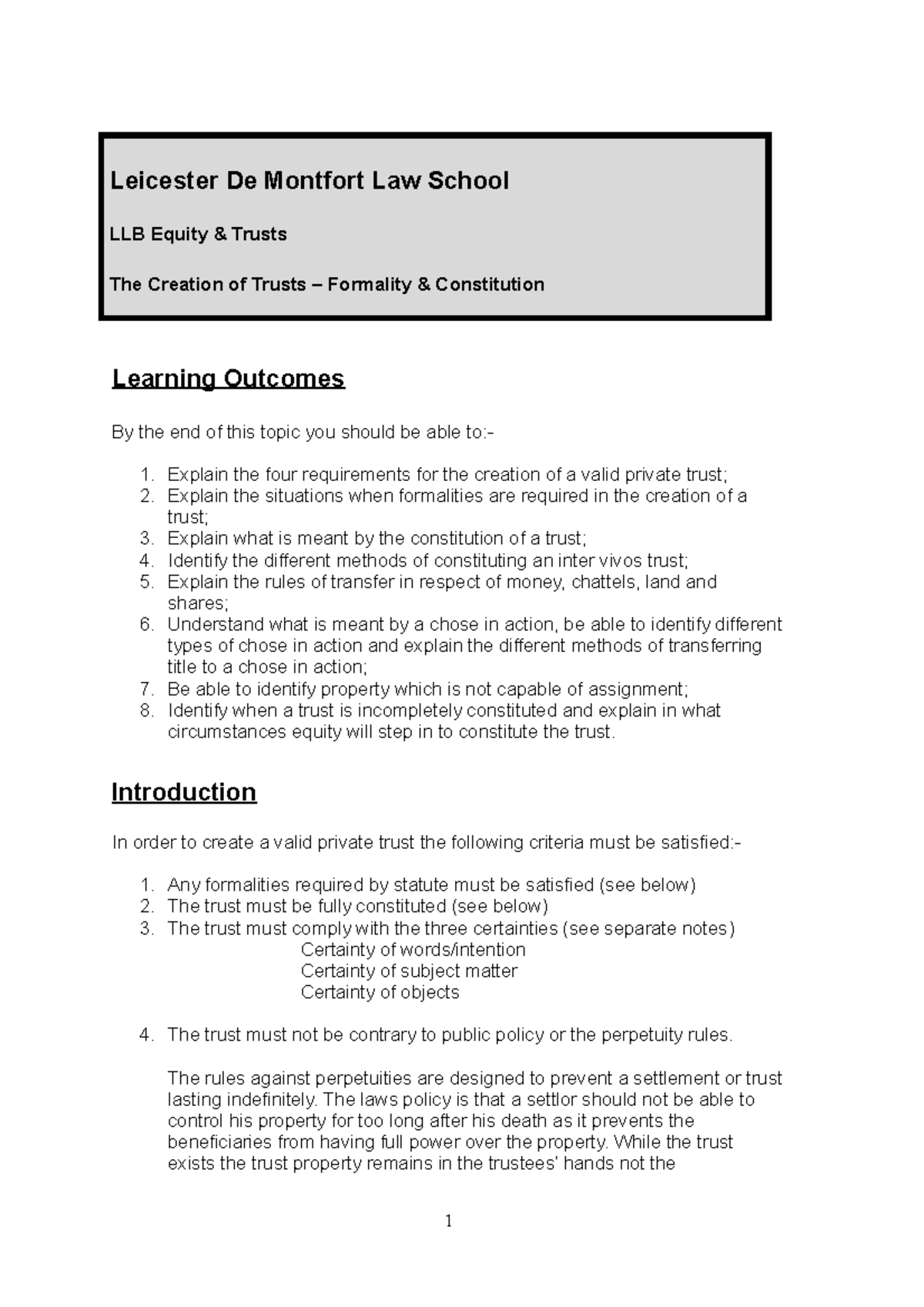 LLB Equity & Trusts: Creation of Trusts - Formalities & Constitution ...