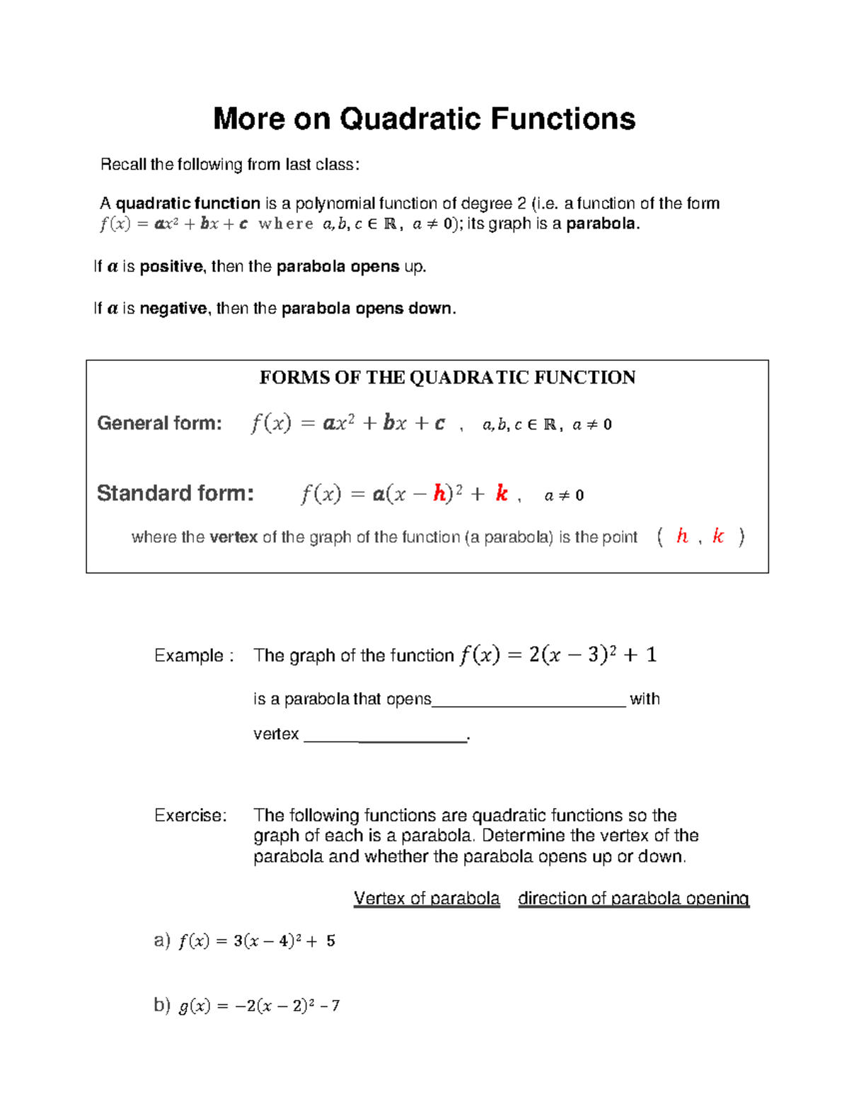 More on Quadratic Functions - Lecture Notes - Studocu