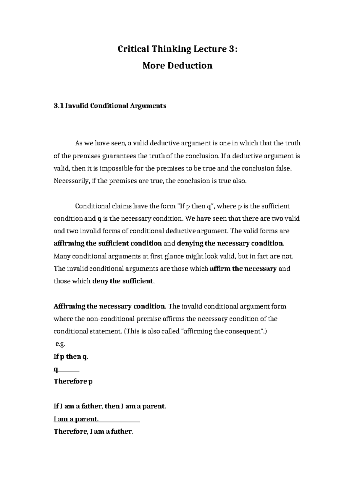 Critical Thinking 1014: Lecture 3 - Invalid Conditional Arguments - Studocu