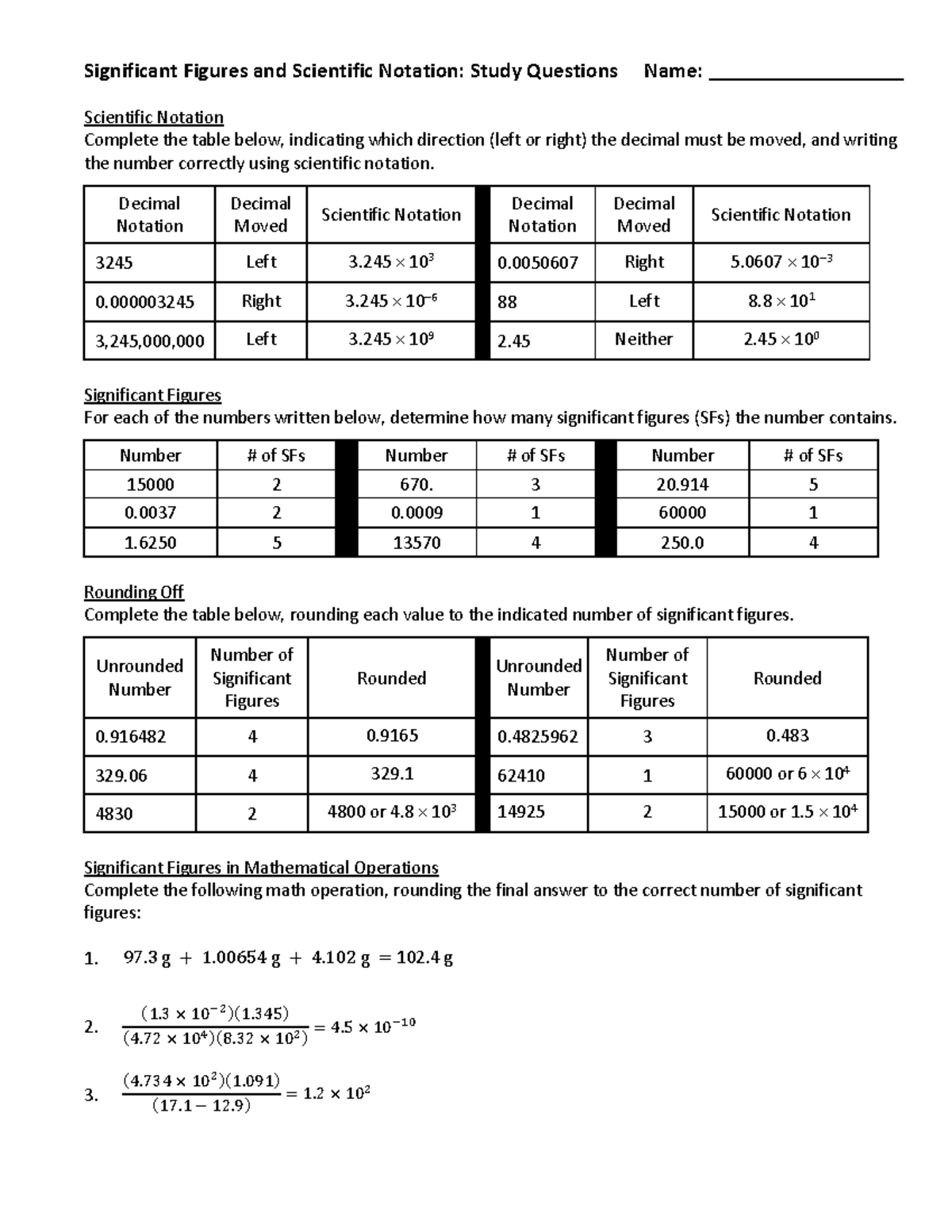 Significant Figures and Scientific Notation: Study Questions - Studocu