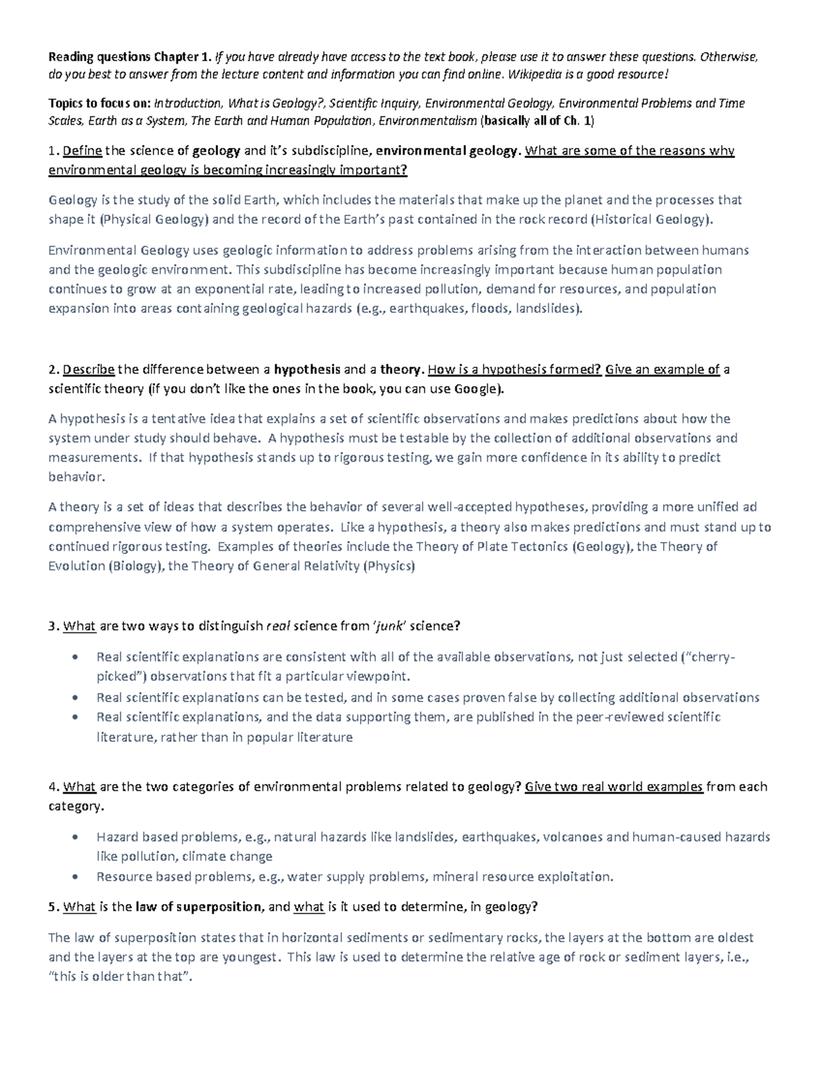 ENV 101: Ch. 1 Reading Questions and Key Concepts in Geology - Studocu