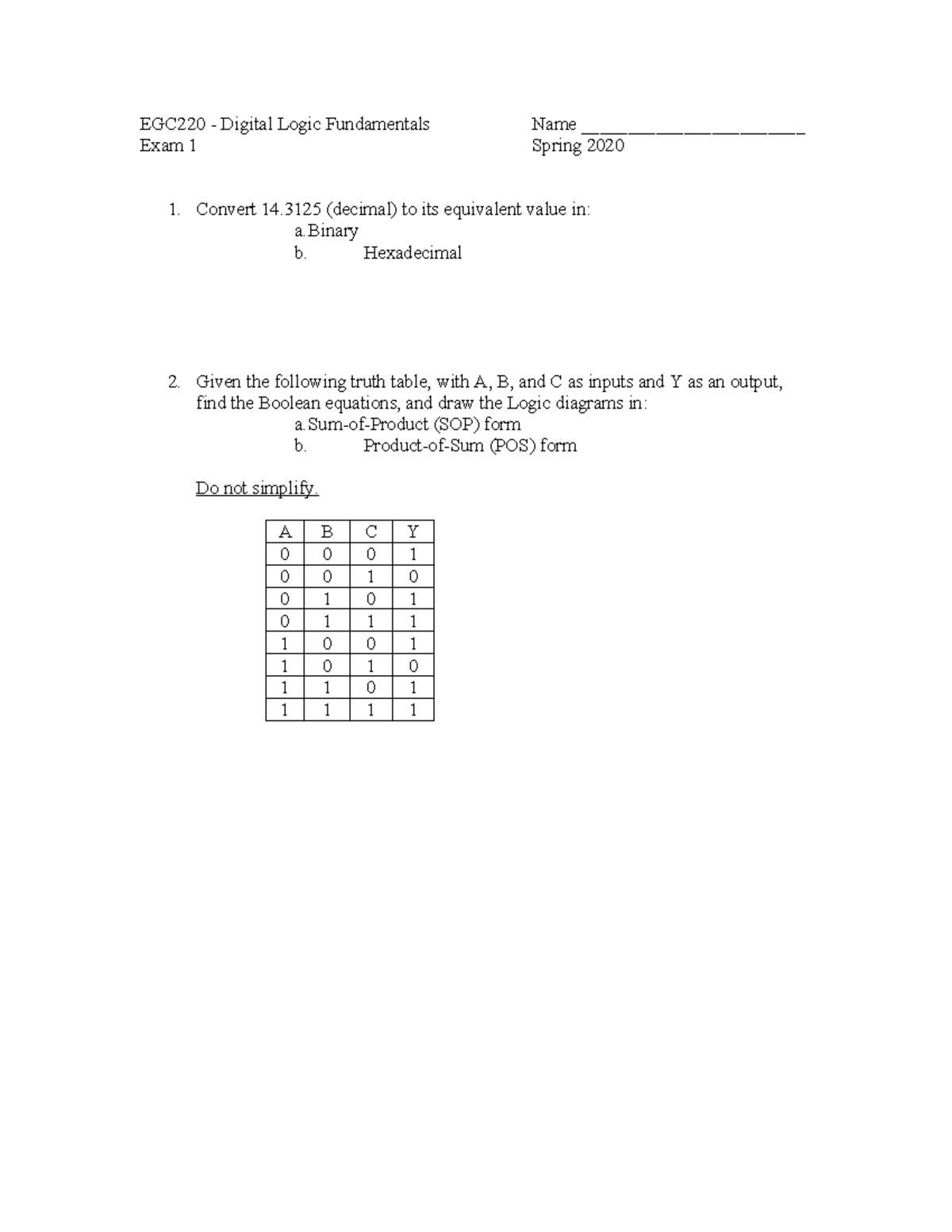 EGC220 Digital Logic Fundamentals Exam 1 Review Spring 2020 - Studocu