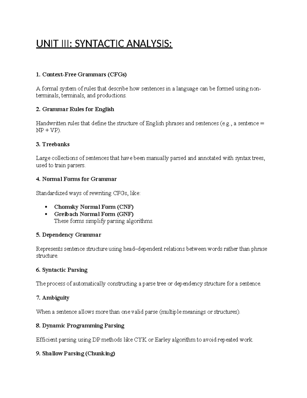 UNIT III NLP: Syntactic Analysis and Grammar Rules - Studocu