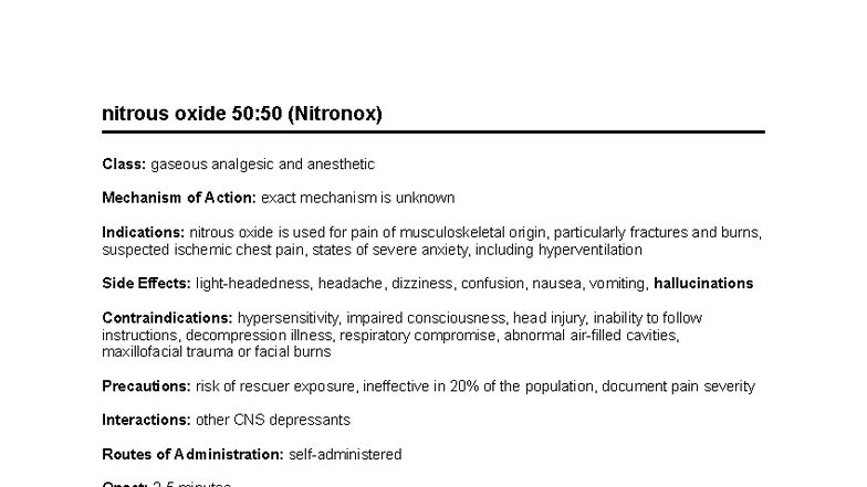 Nitrous Oxide 50:50 (Nitronox) Drug Card - Gaseous Analgesic Overview ...