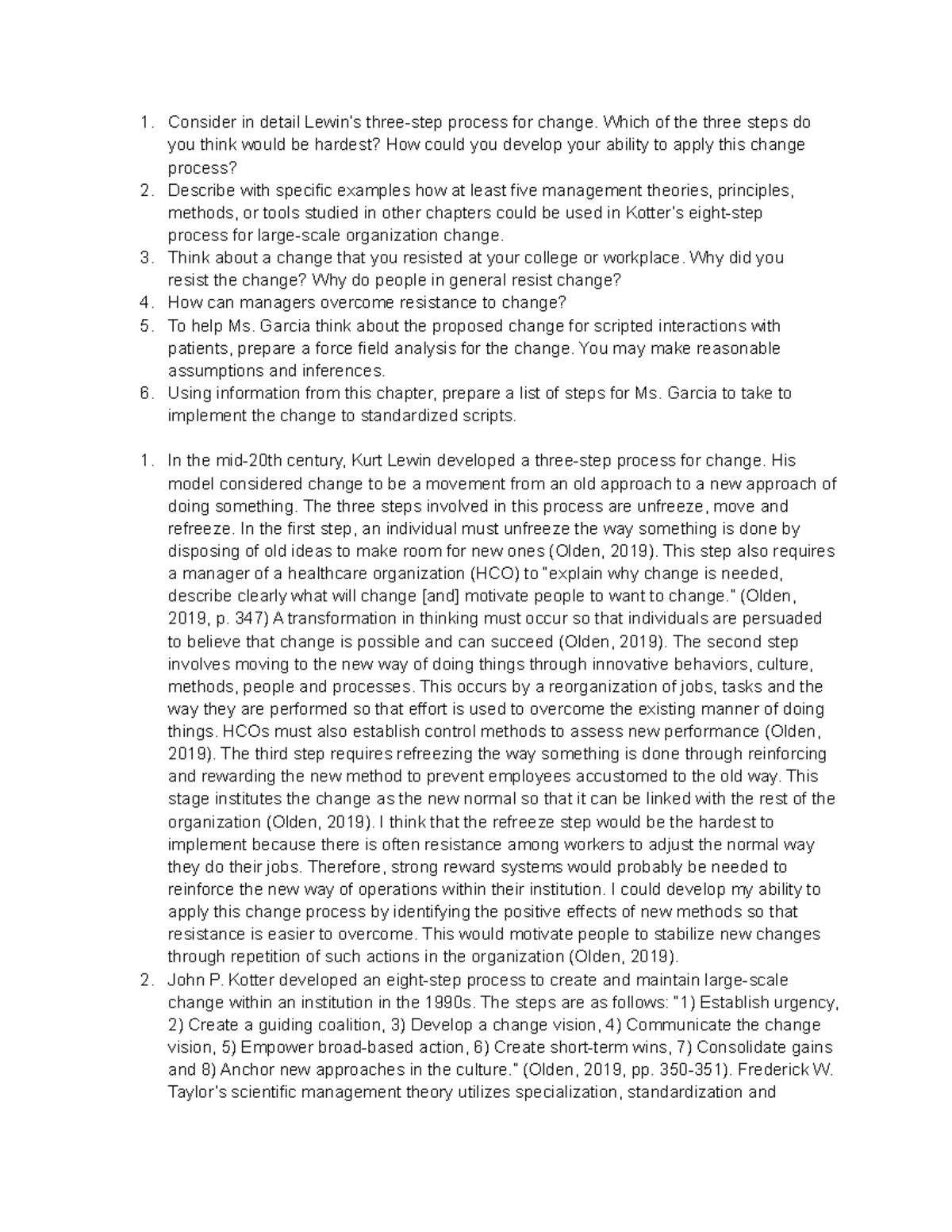 HCO 301 Week 12 Discussion Questions on Change Management - Studocu