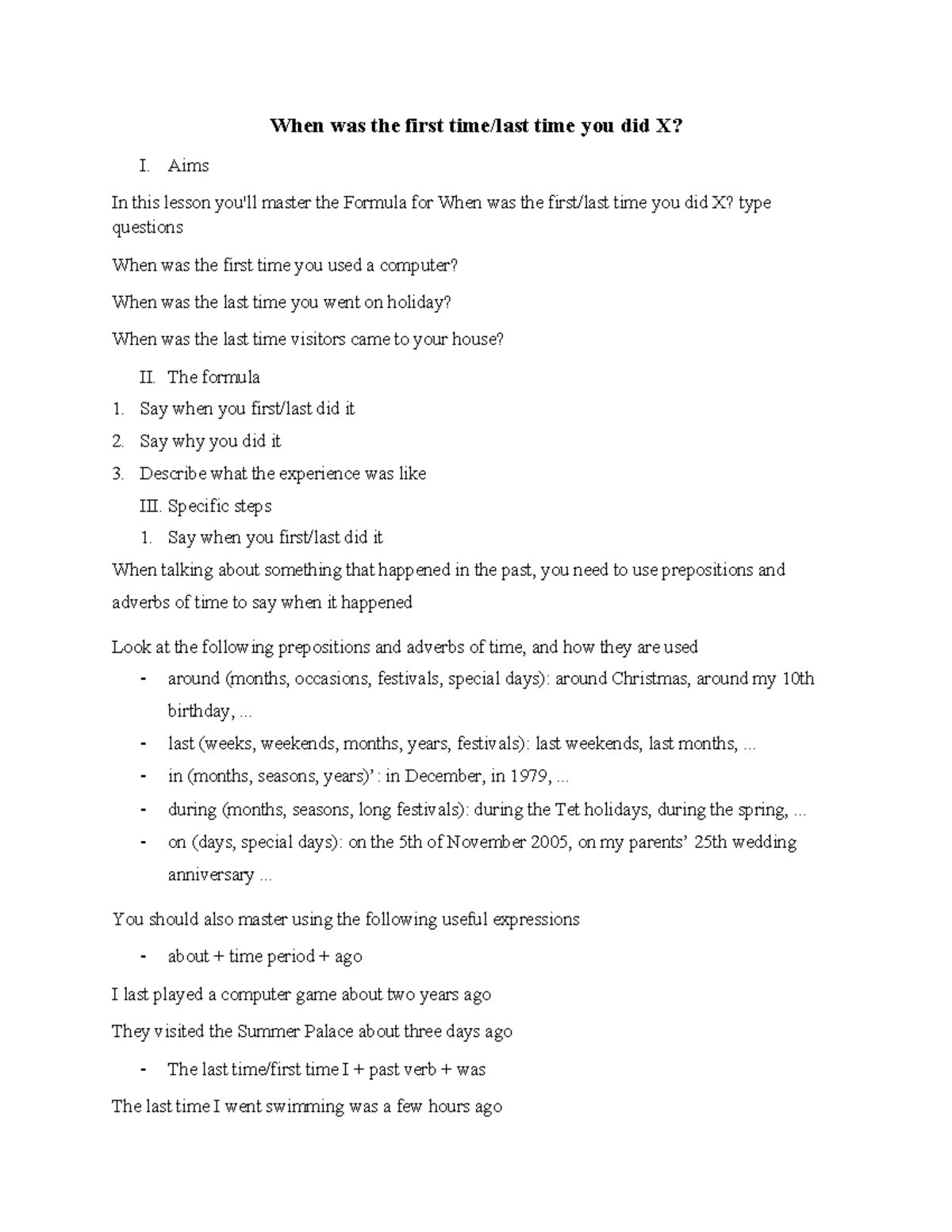 When Was the First/Last Time You Did X? - Lesson Notes - Studocu