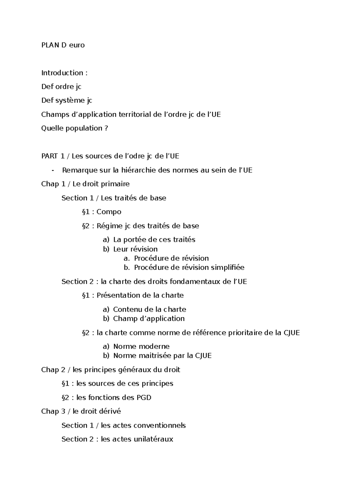 PLAN Cours D euro : Introduction aux Ordres Juridiques et Droit de l'UE ...