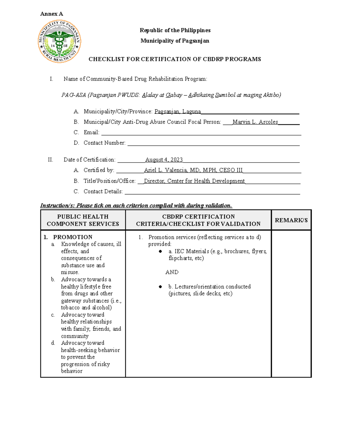 Revised Annex A CBDRP Certification Checklist for Validation - Studocu