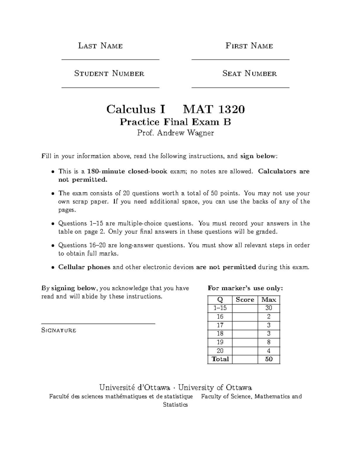 MAT 1320 Calculus I Practice Final Exam B - Instructions & Questions ...