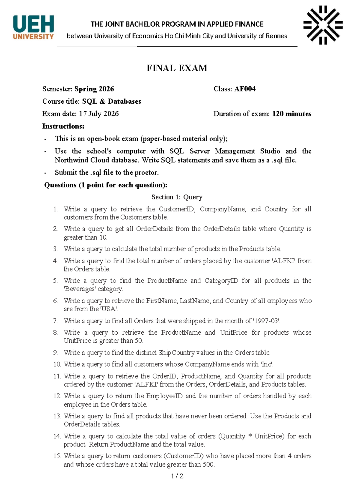 SQL Databases Final Exam AF004 - Spring 2026 Guide - Studocu