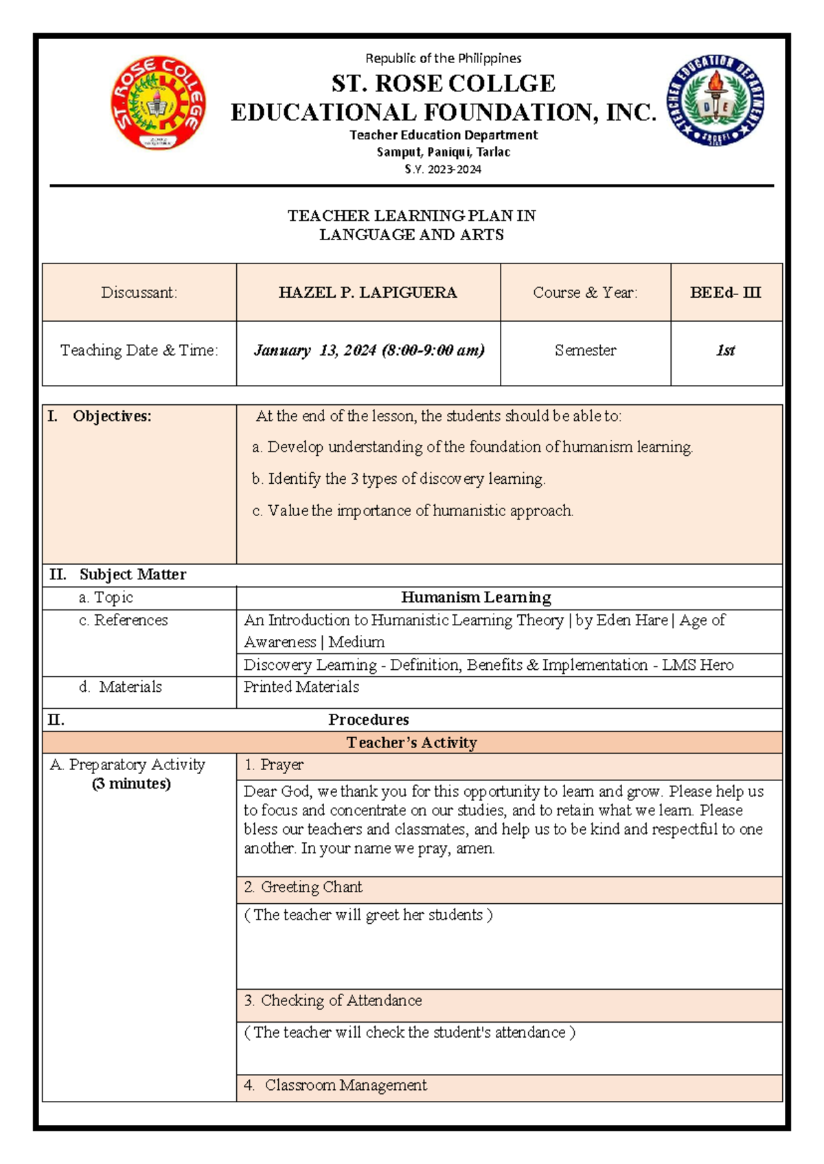 1 Lesson-PLAN Language - TEACHER LEARNING PLAN IN LANGUAGE AND ARTS ...