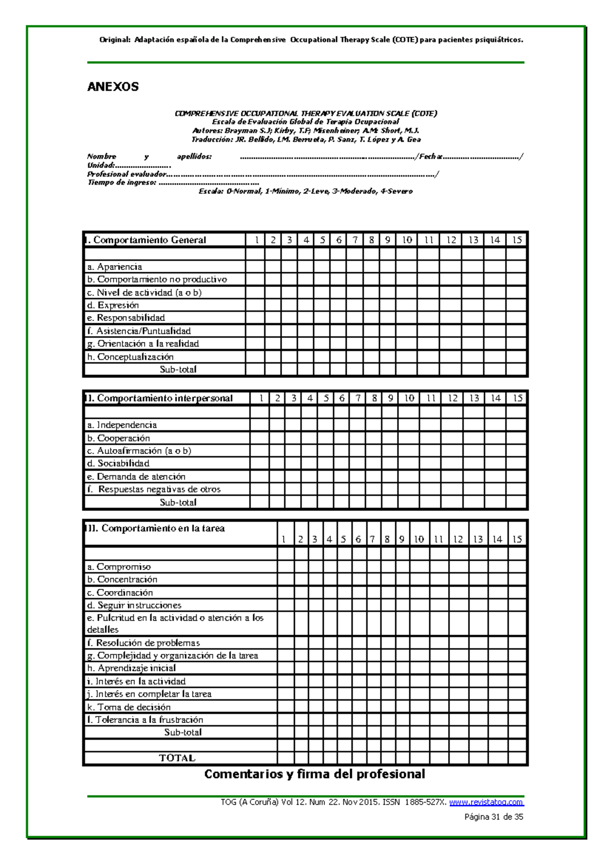 Adaptación de la Escala COTE para Terapia Ocupacional en Salud Mental ...