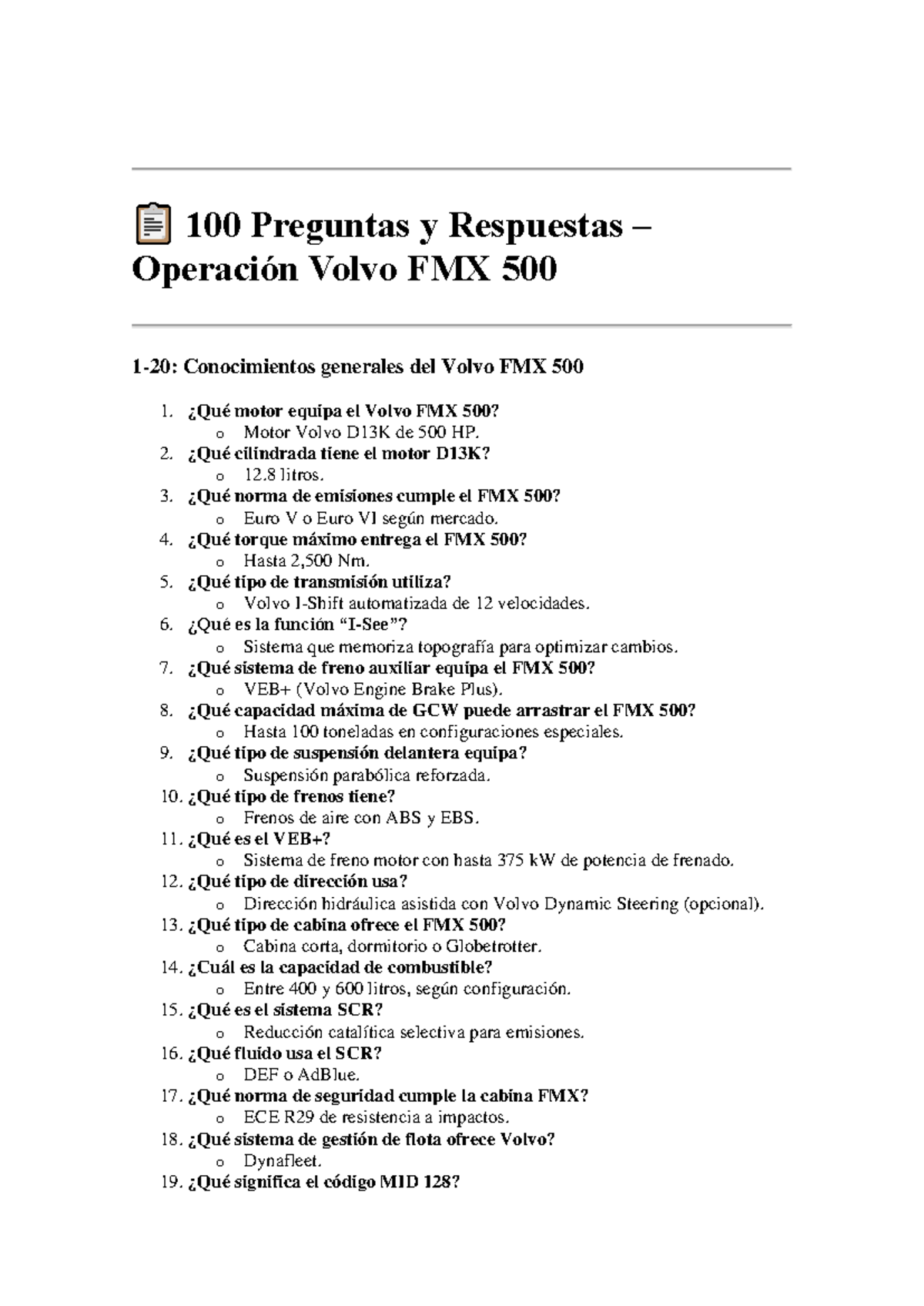 100 Preguntas y Respuestas sobre Operación Volvo FMX 500 - Document Preview