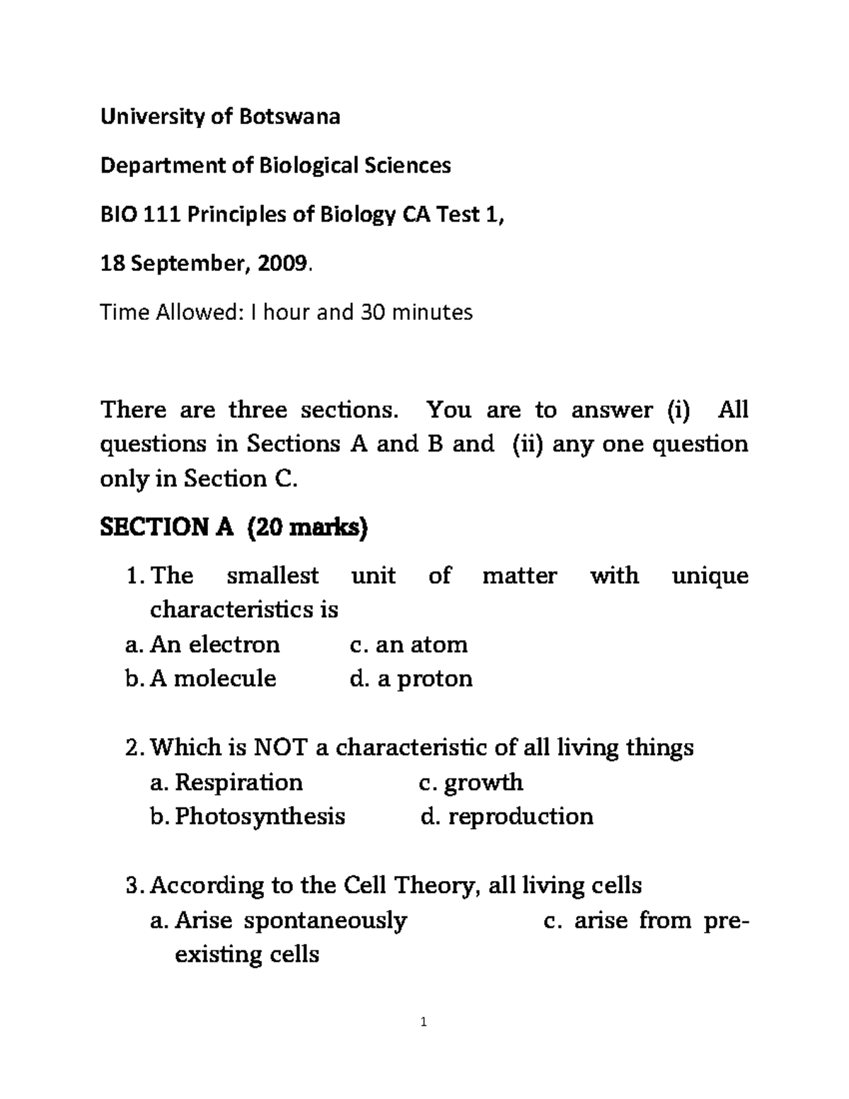 BIO 111 Principles of Biology Test 1 - September 18, 2009 - Studocu