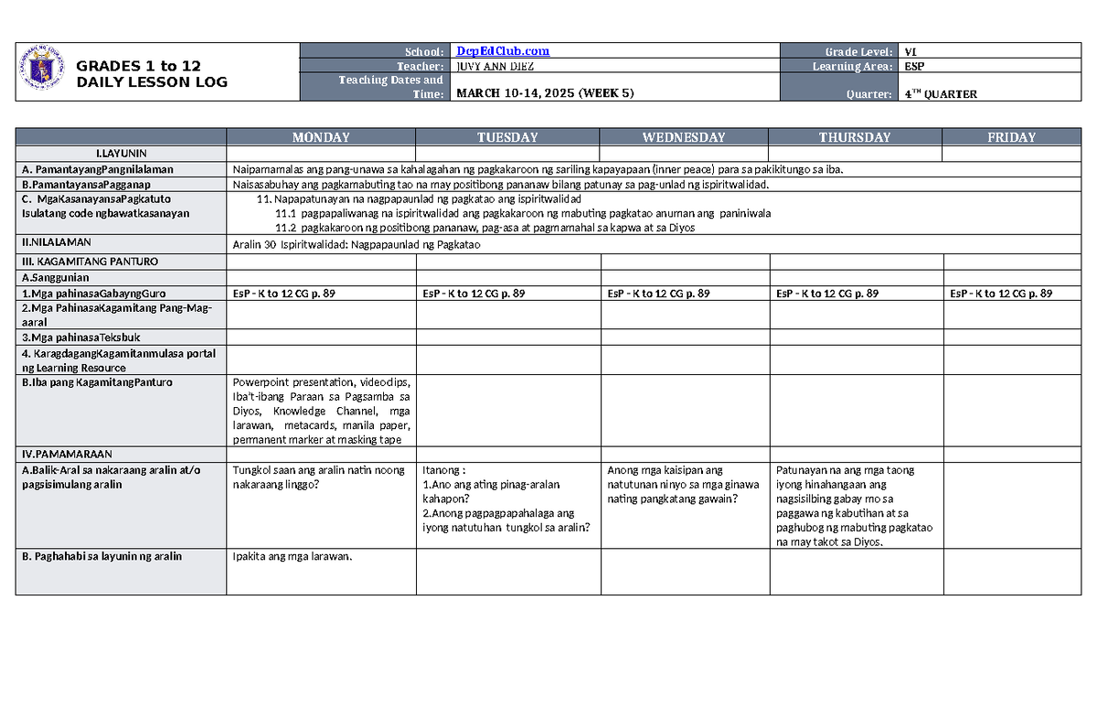 DLL ESP 6 Q4 W5 - good - GRADES 1 to 12 DAILY LESSON LOG School ...