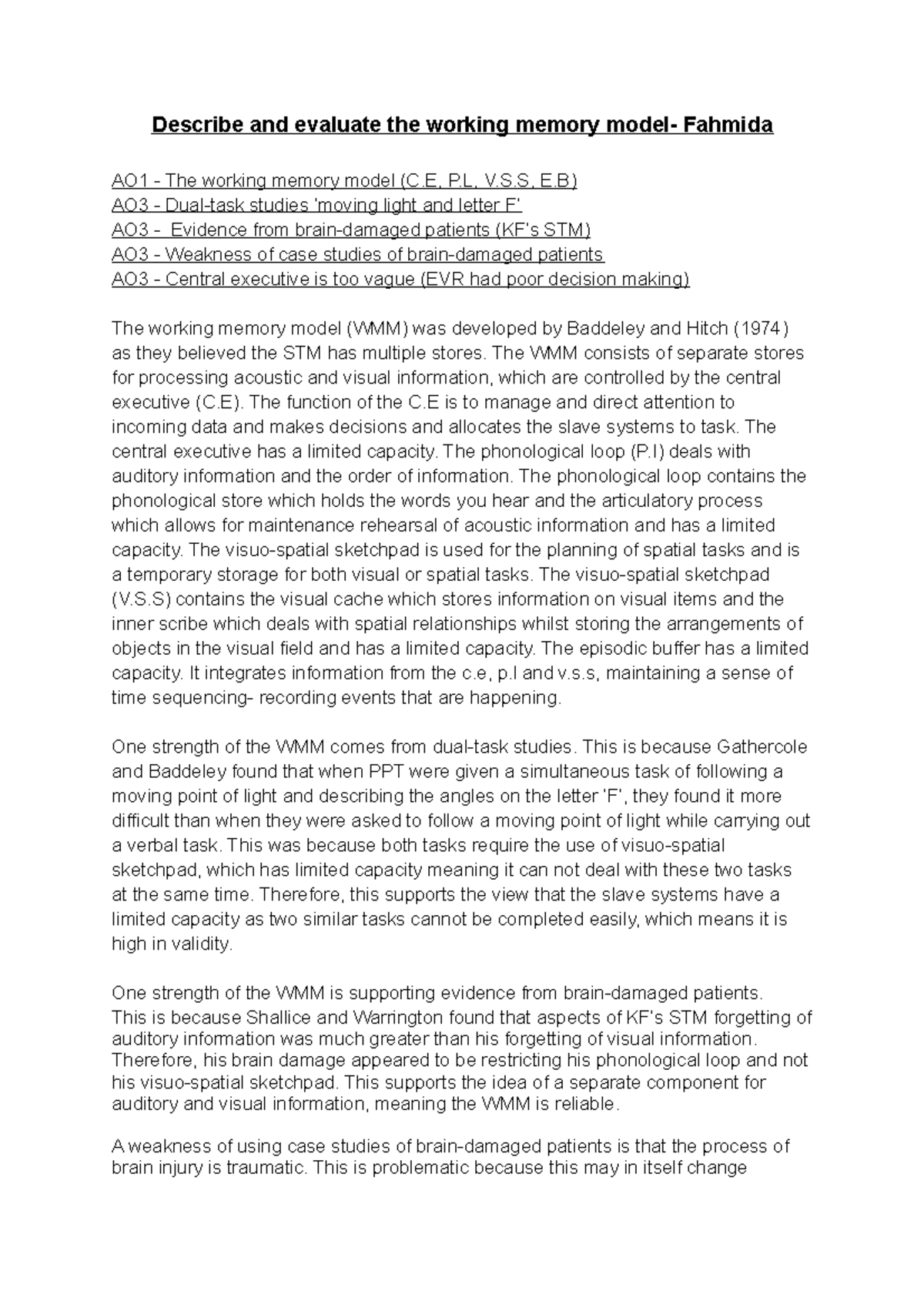 Working Memory Model Essay - Describe and evaluate the working memory ...