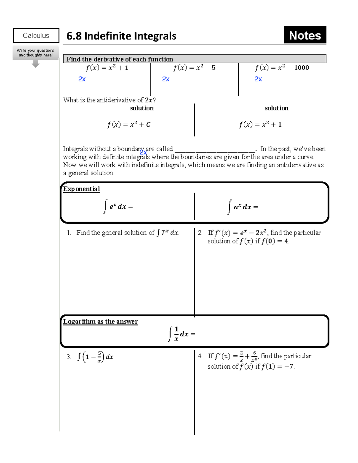 Calc 6 - Indefinite Integrals Notes and Test Prep - Studocu