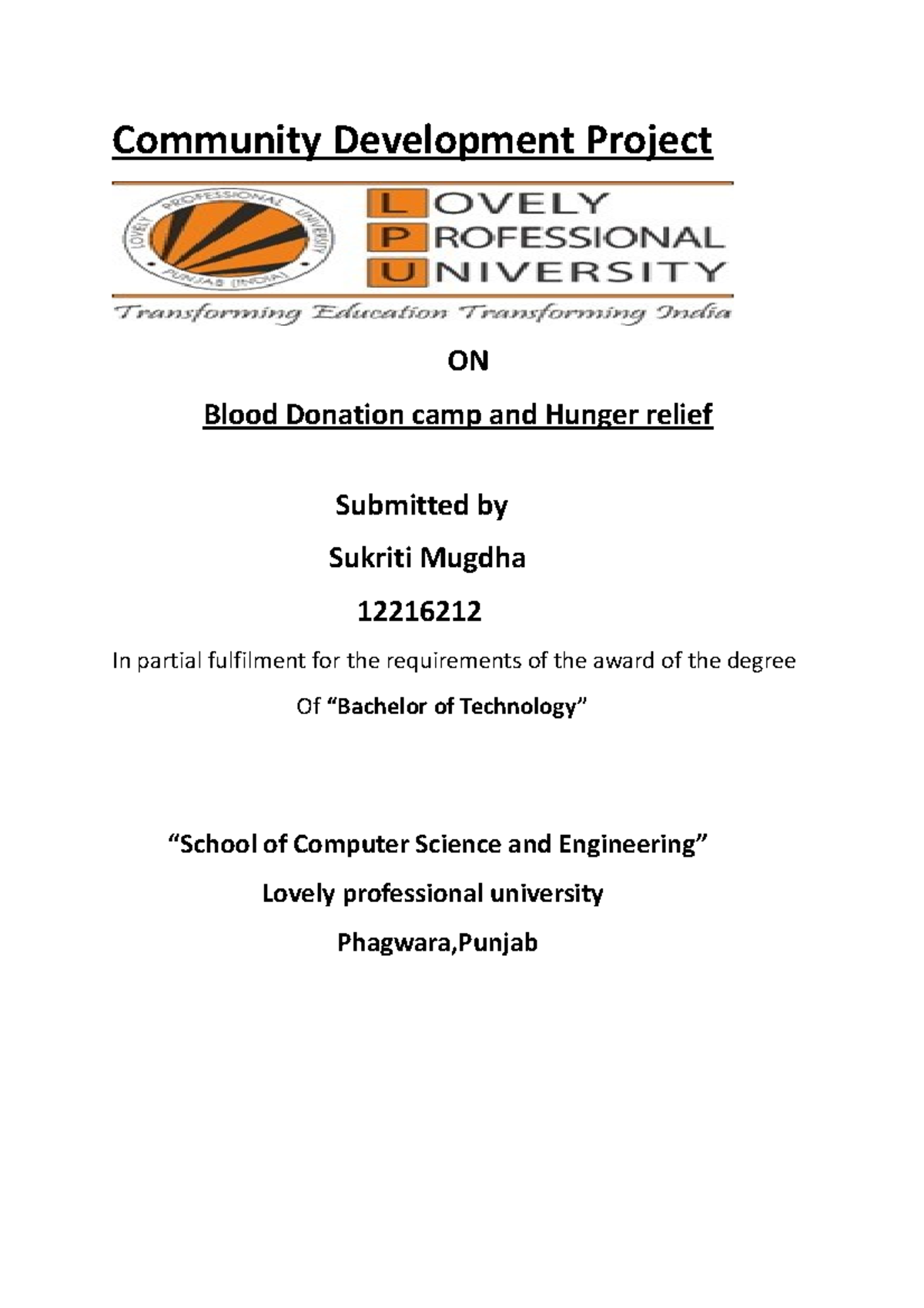 Community Development Project Report on Blood Donation & Hunger Relief ...
