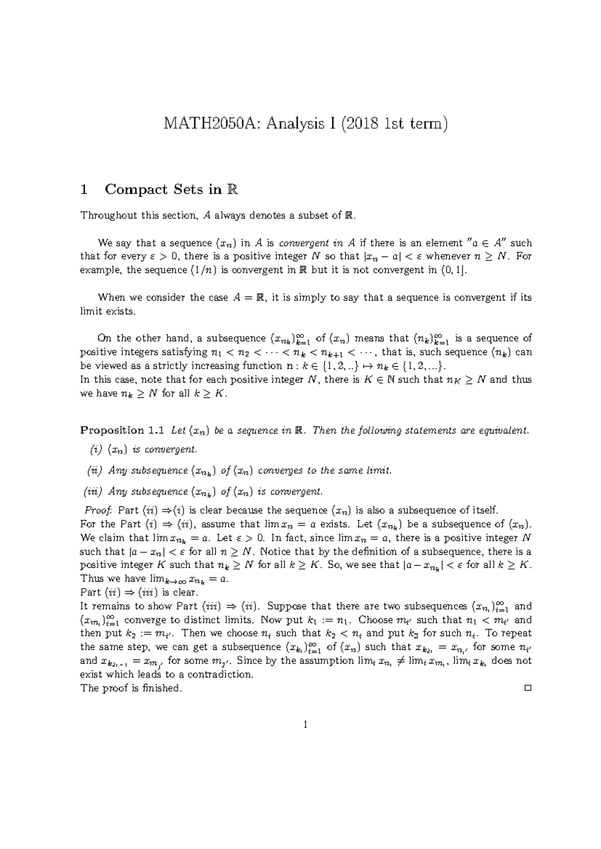 MATH2050A 2018 Analysis I: Compact Sets and Limits in R - Studocu