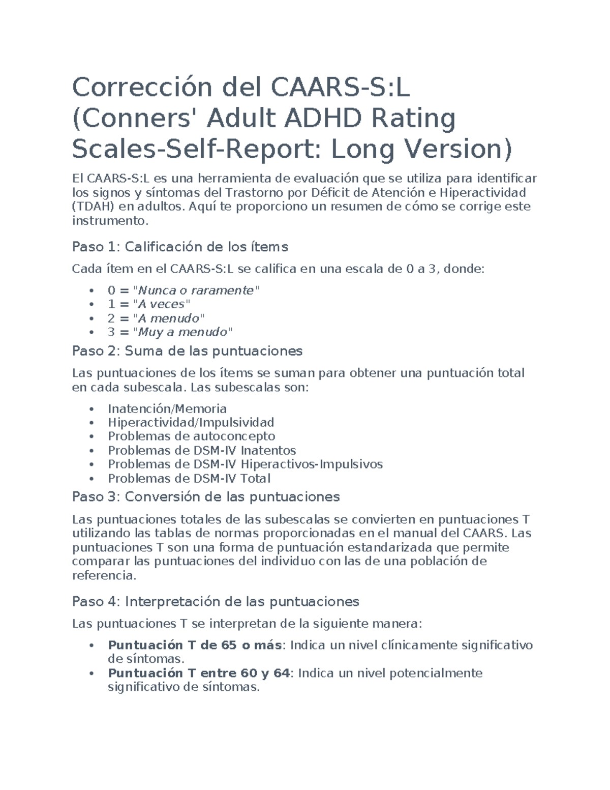 Corrección del CAARS para TDAH en Adultos: Guía de Evaluación - Studocu