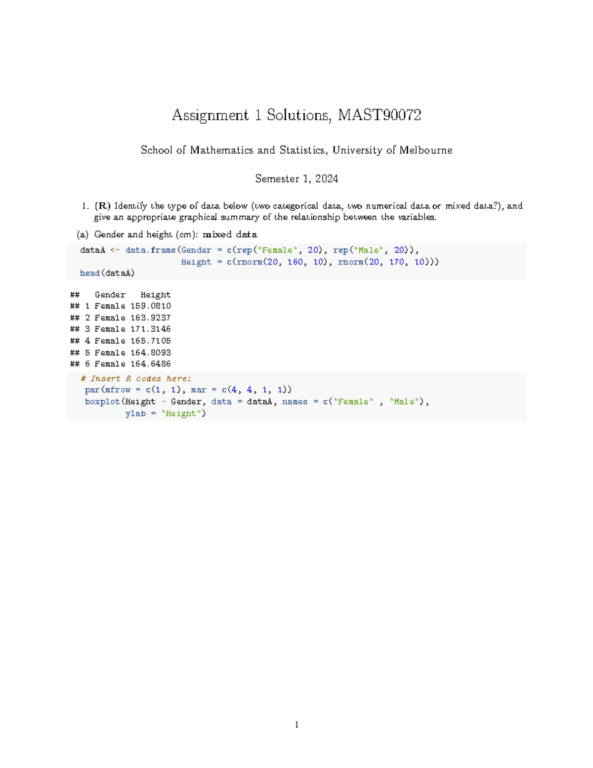 Assignment 1 Solutions, MAST90072, School of Mathematics and Statistics ...