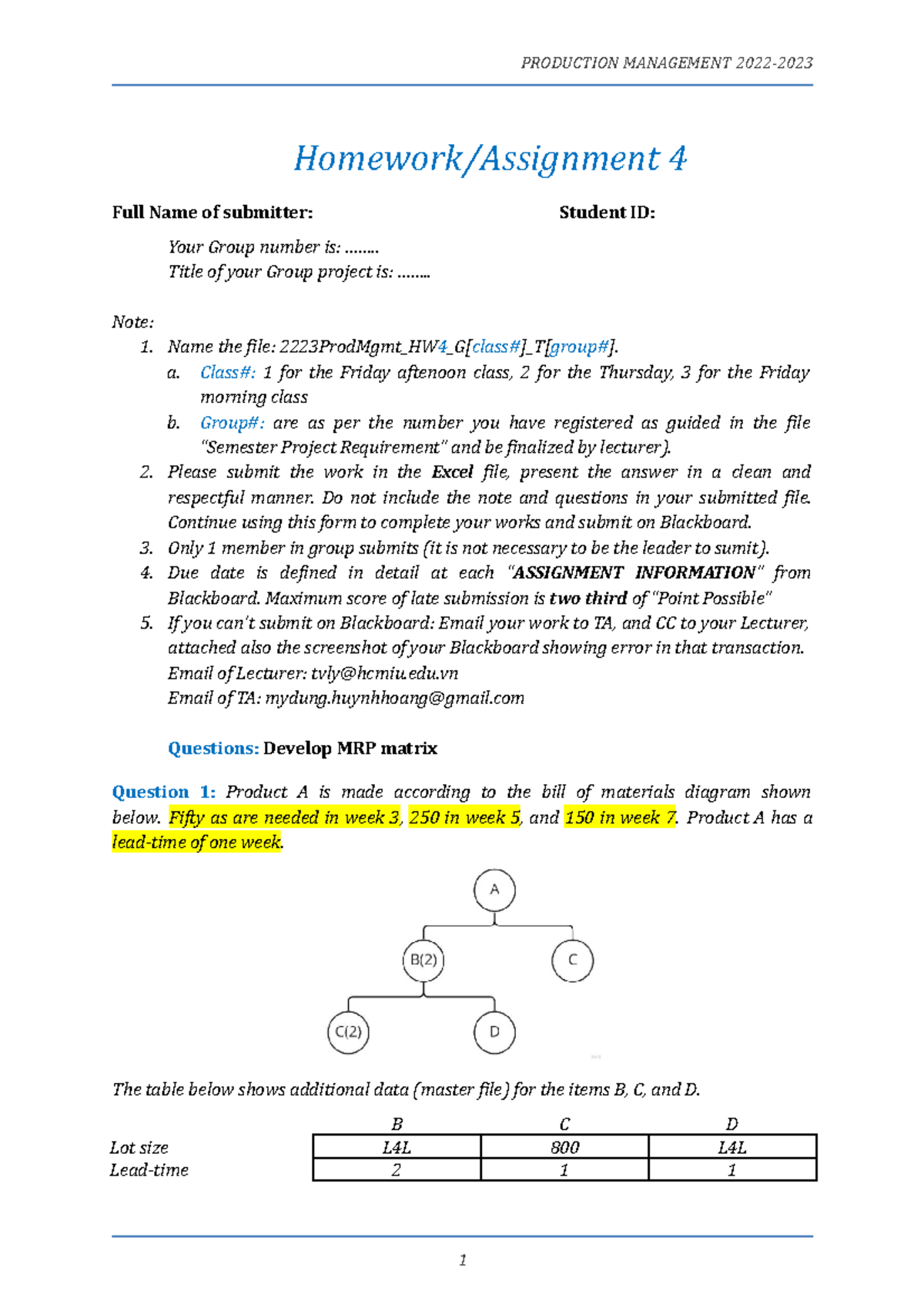 2223Prod Mgmt HW4 G# T# - đề bài tập - Homework/Assignment 4 Full Name ...