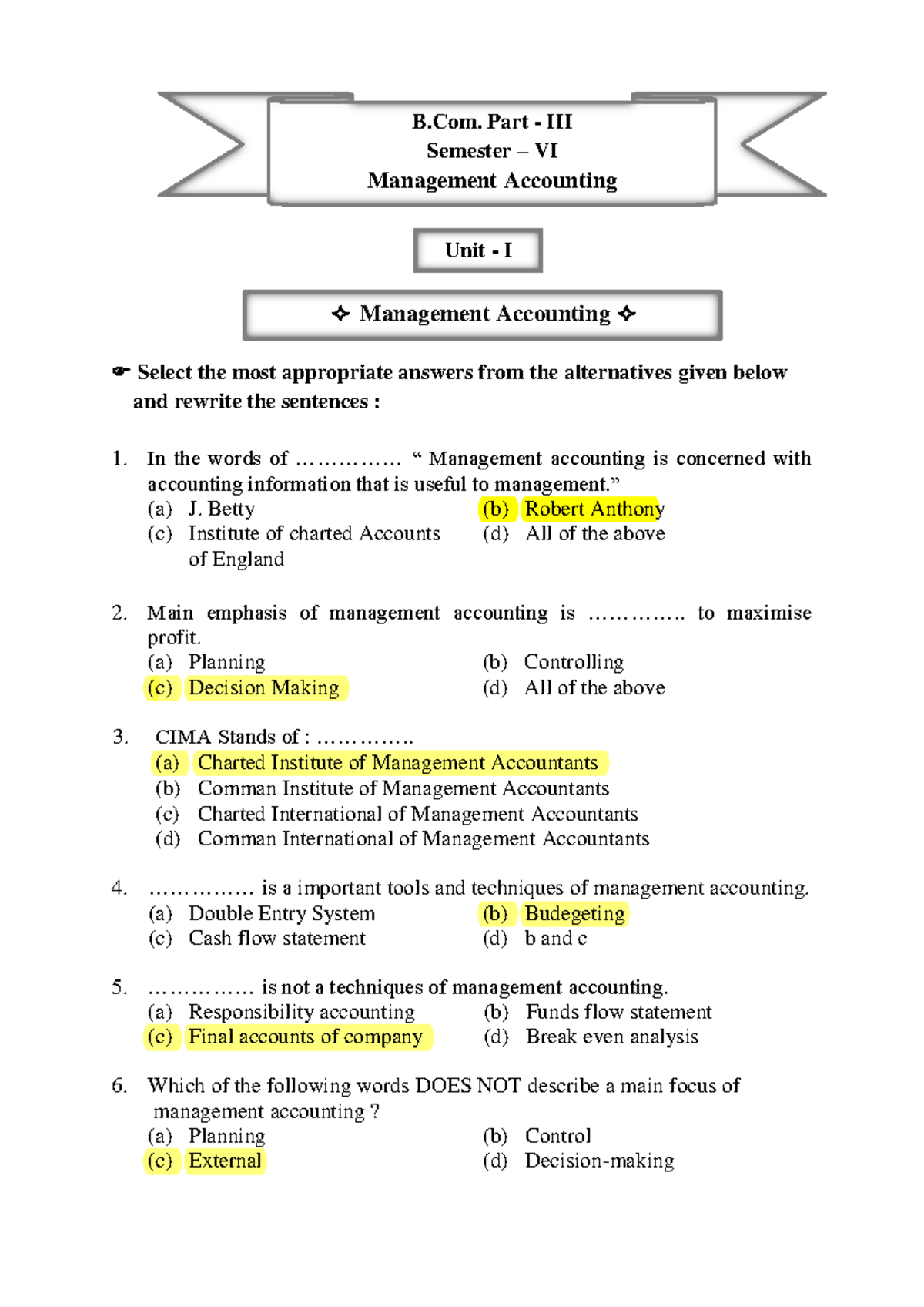 BBA Cost Accounting - MCQ Revision Notes for Final Exam - Studocu