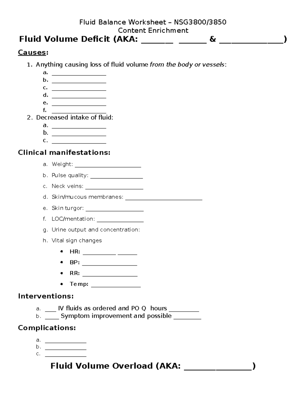 Fluid Balance Worksheet: Fluid Volume Deficit & Overload Analysis - Studocu
