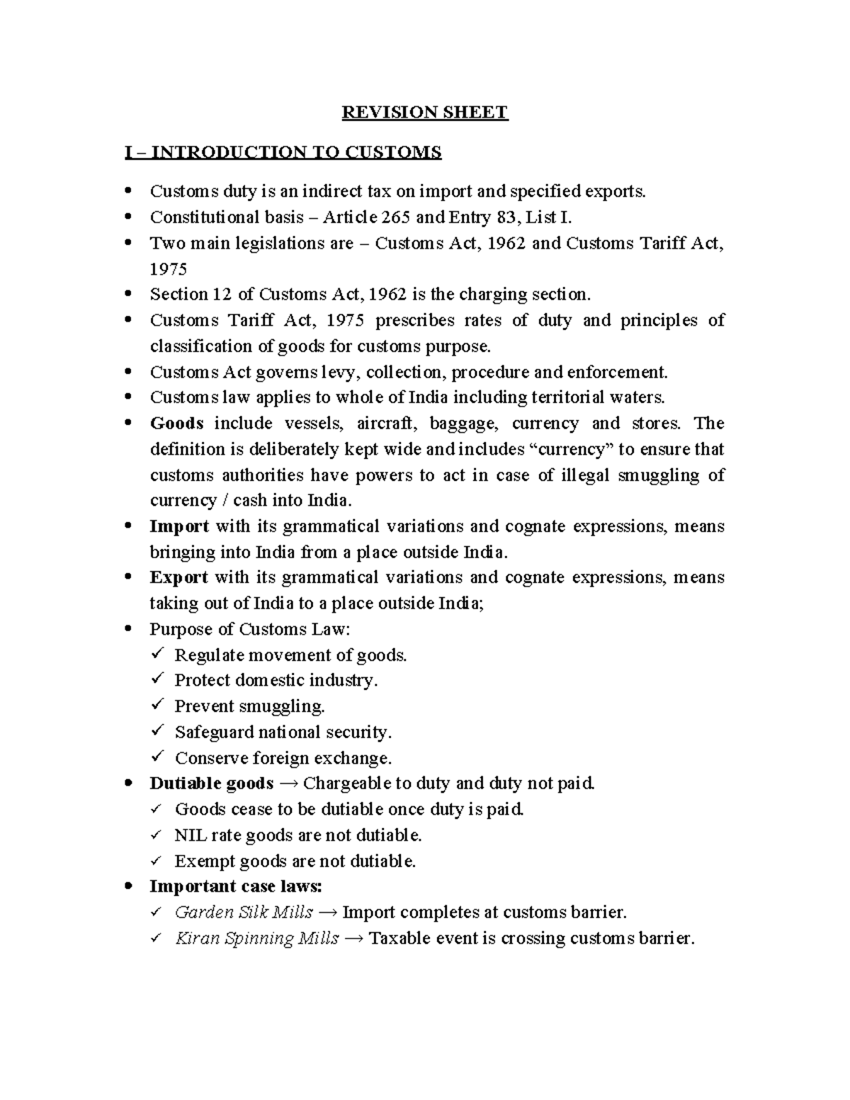 Customs Law Revision Sheet: Key Concepts and Provisions - Studocu