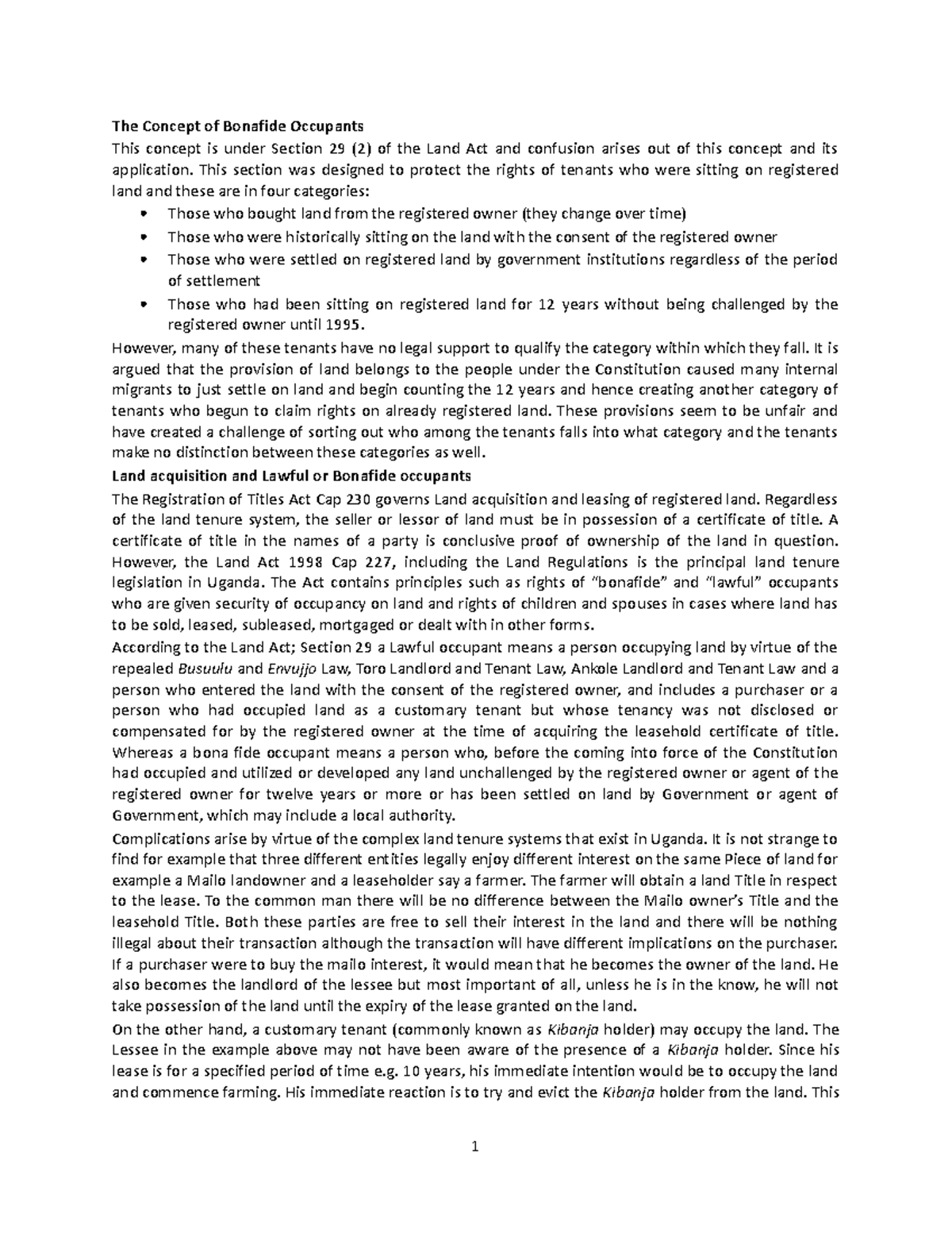 Bonafide Occupants and Land Law: Understanding Section 29(2) - Studocu